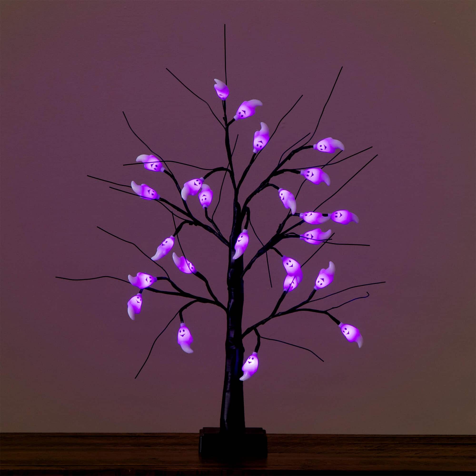 2ft. Pre-Lit Artificial Halloween Ghost Twig Tree with 24 Purple LED Lights