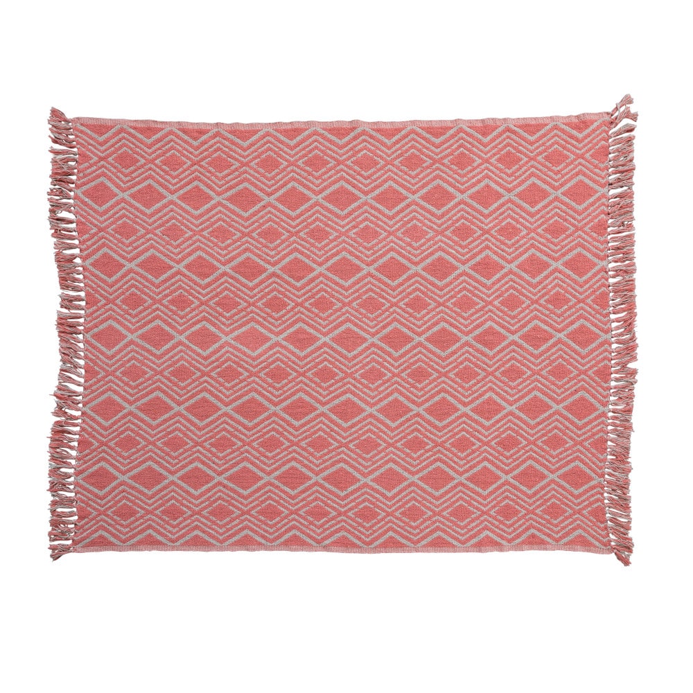Pink Geometric Design &#x26; Fringe Recycled Cotton Blend Throw Blanket