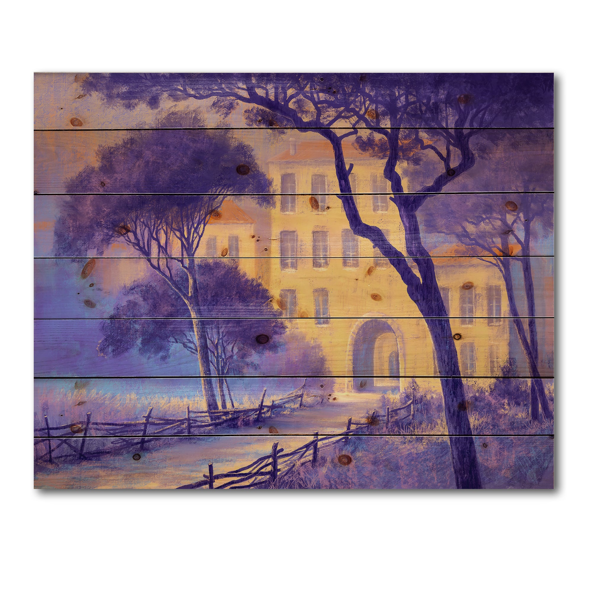 Designart - Street Landscape On Footpath &#x26; Trees In A City - Traditional Print on Natural Pine Wood