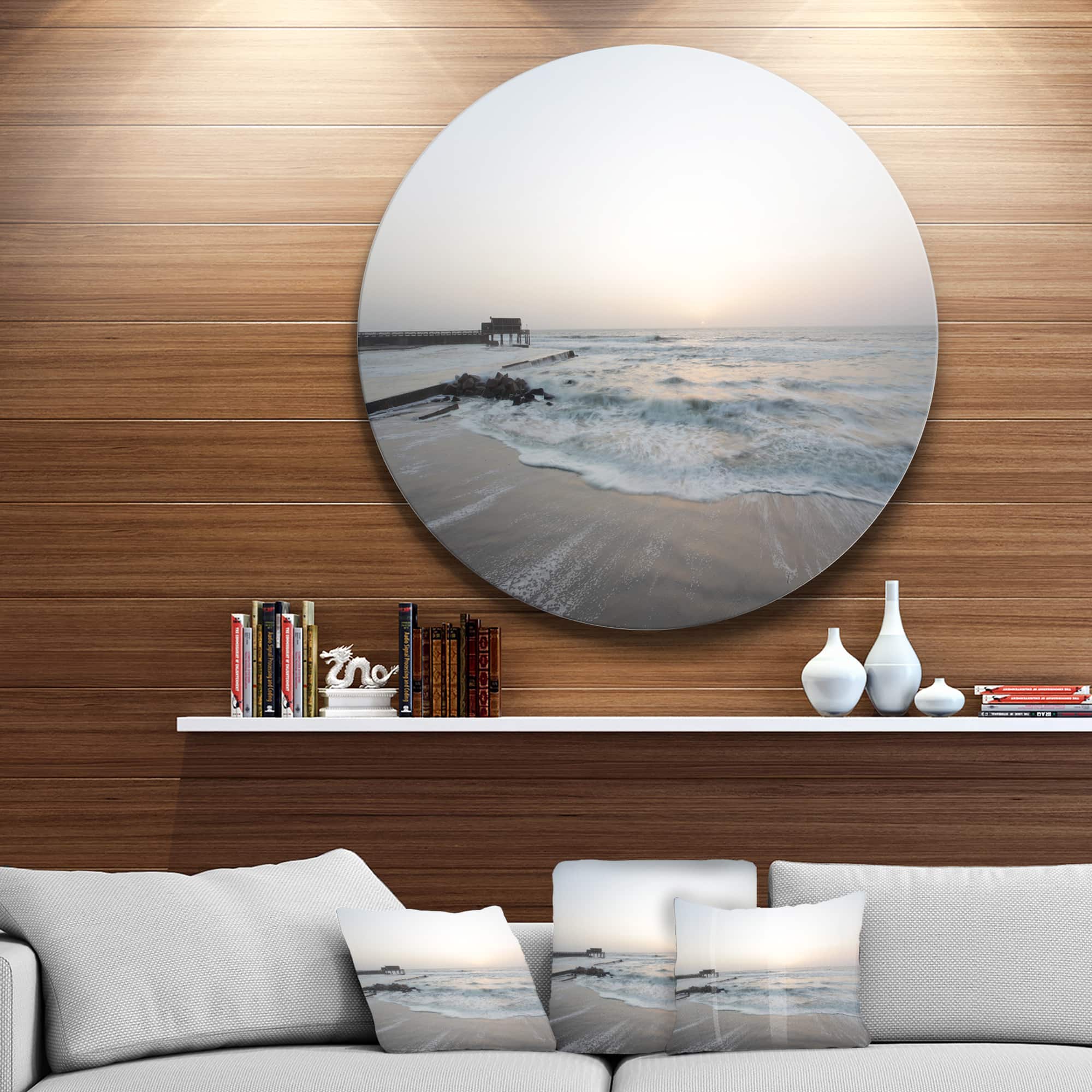 Designart - Serene Blue Beach with White Sun&#x27; Beach Metal Circle Wall Art