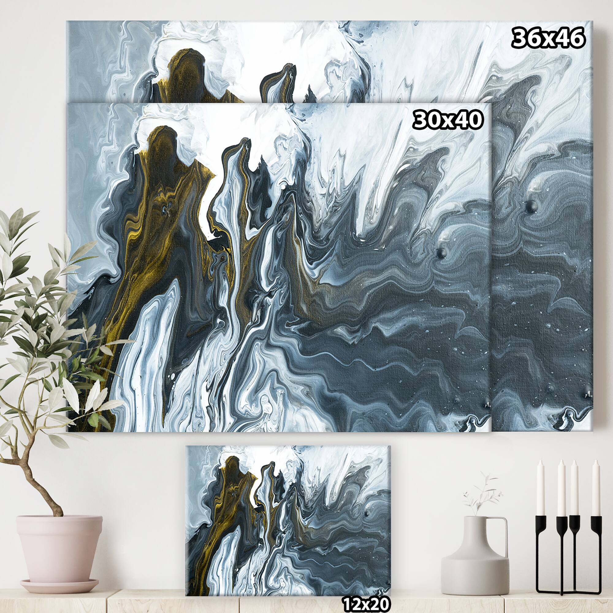 Designart - Grey, Yellow and White Hand Painted Marble Acrylic - Mid-Century Modern Canvas Artwork