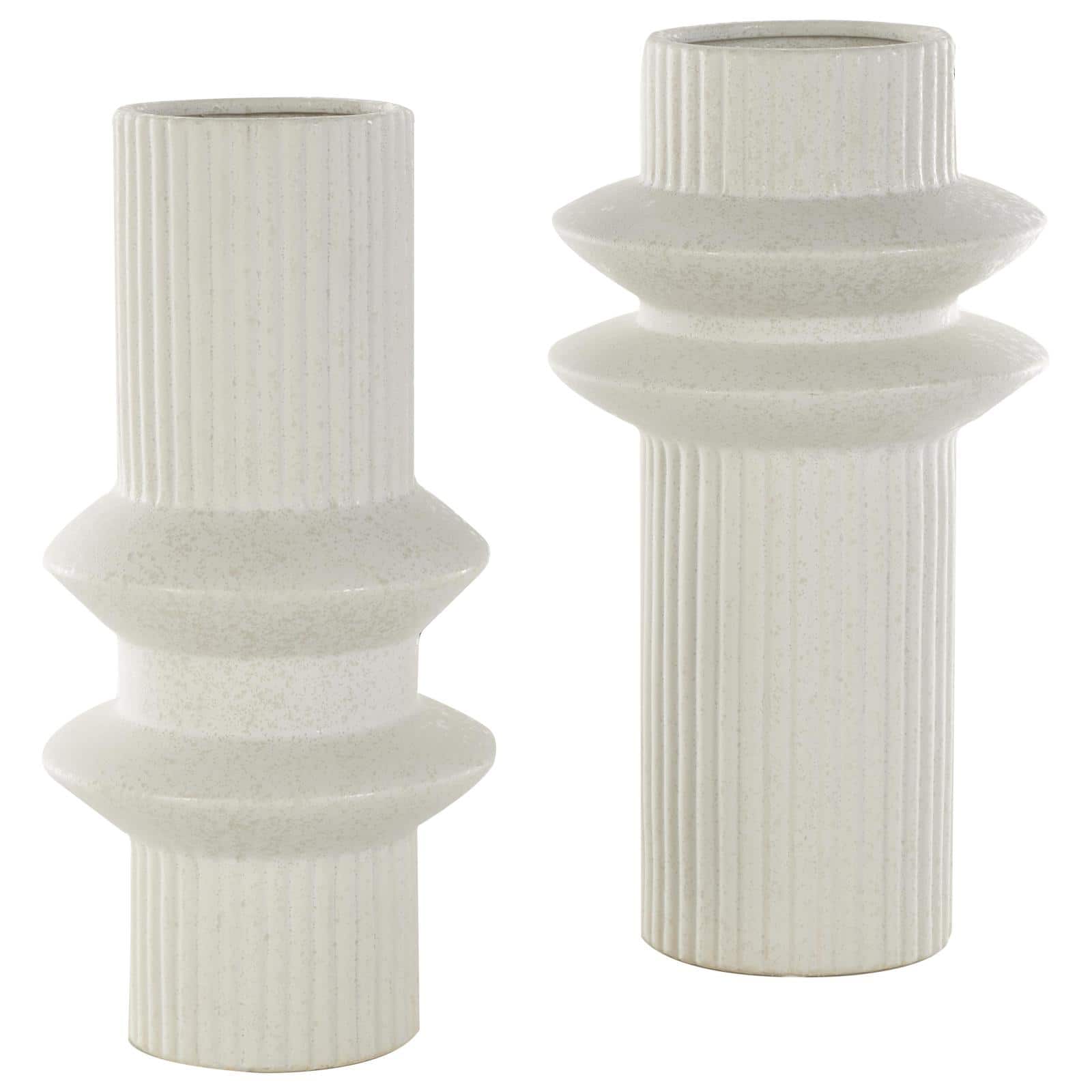 White Ceramic Abstract Ribbed Vase with Speckled Texturing