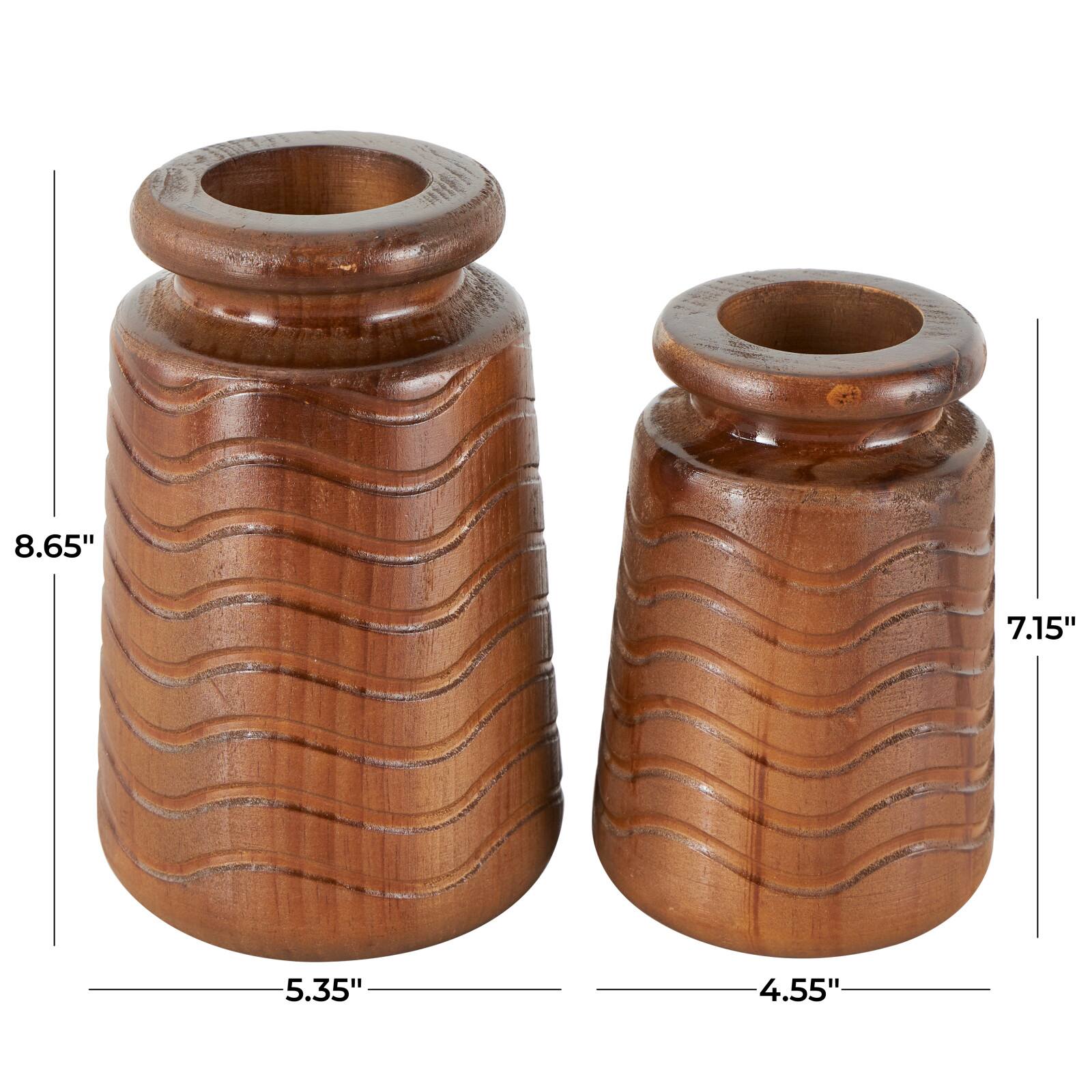 Brown Wood Vase with Carved Wavy Design Set