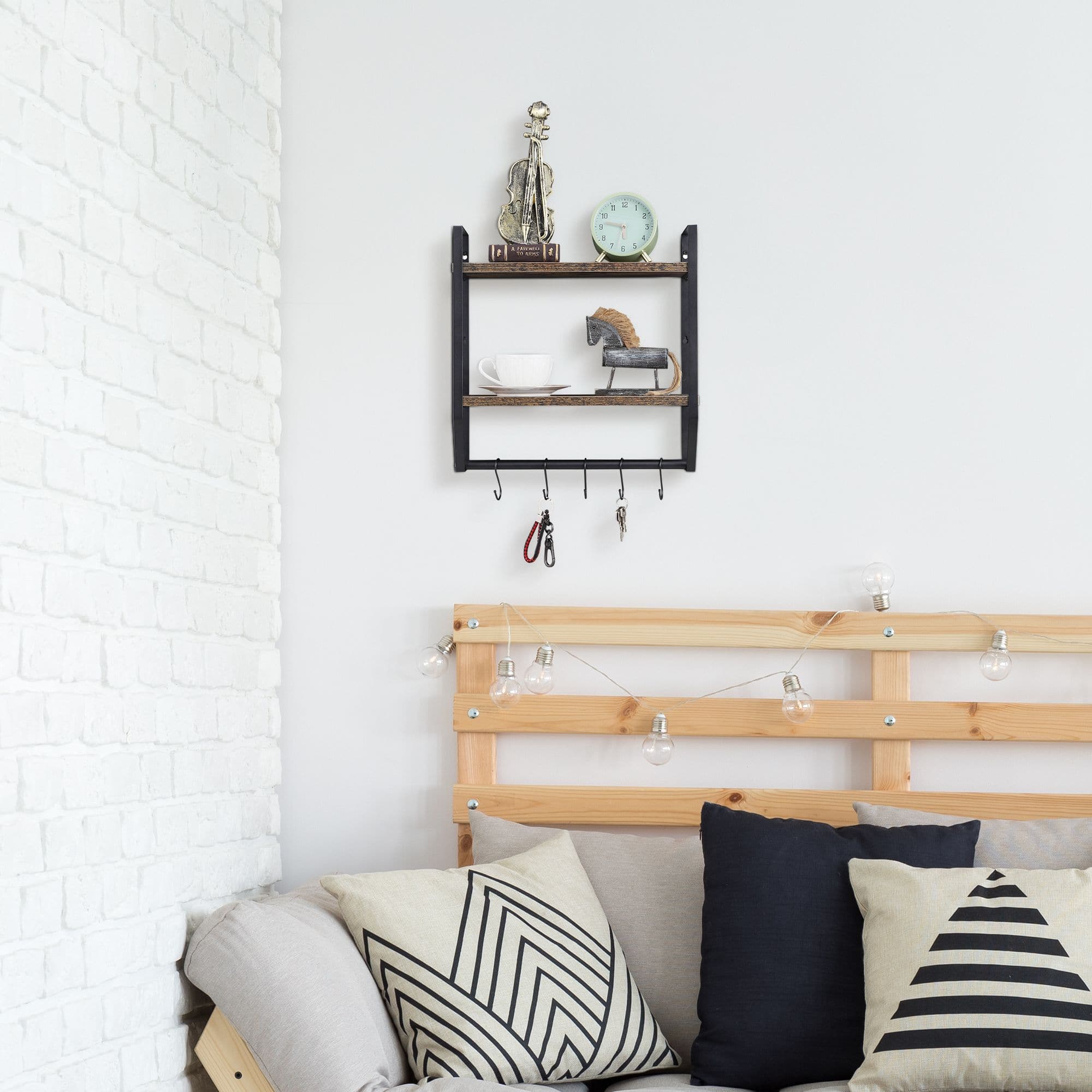 2-Layer Wall Mounted Rustic Shelves with Iron Towel Bar