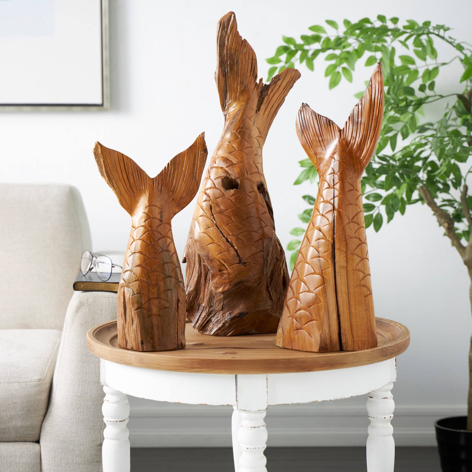 Brown Teak Wood Whale Handmade Tail Live Edge Sculpture with Intricate Carvings Set