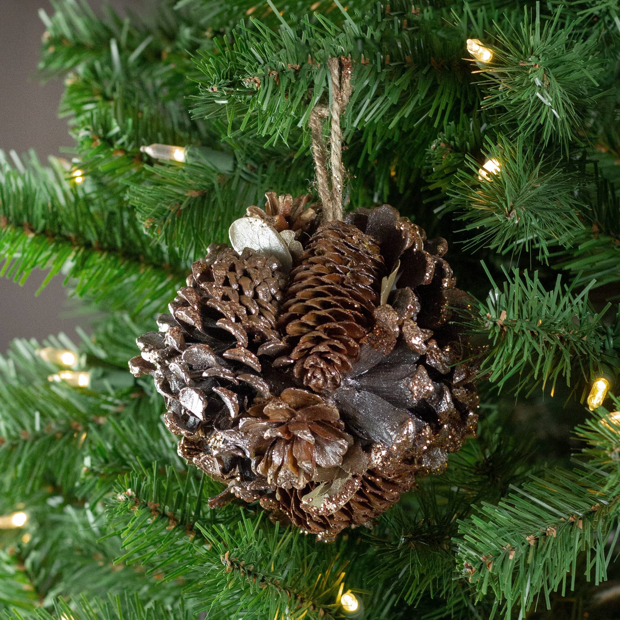 5" Glitter Copper Pine Cone And Leaves Round Ornament