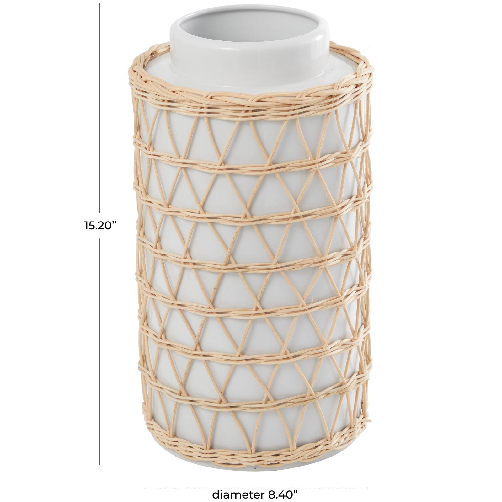 15" White & Woven Rattan Ceramic Handmade Vase