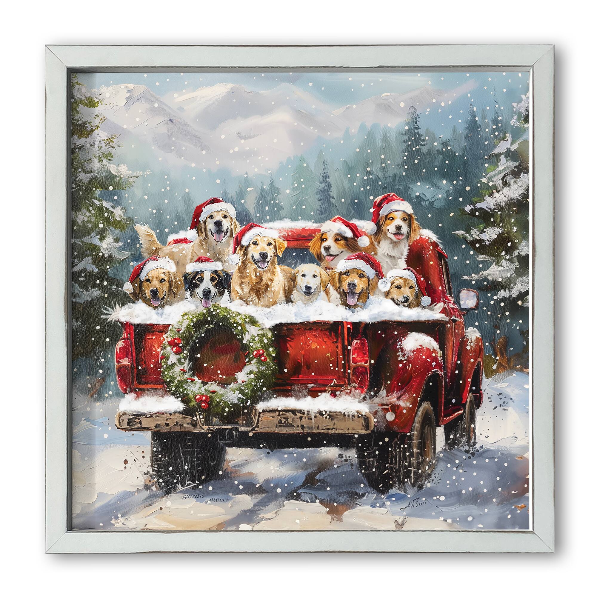 Christmas Puppy Truck 16" x 16" White Framed Print