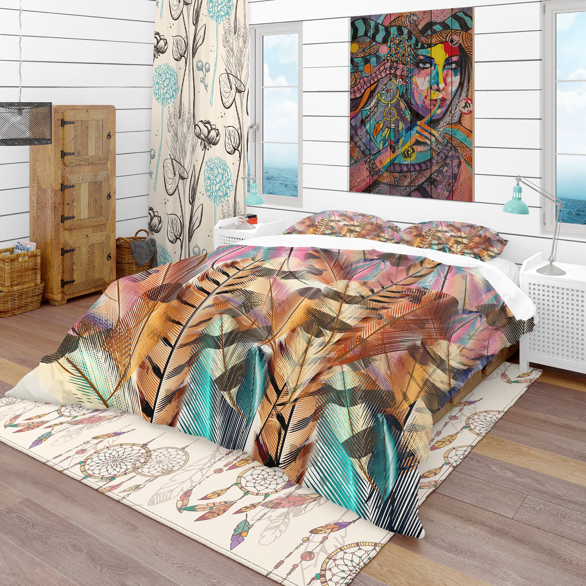 Designart &#x27;Tiger Patterned Boheman Feathers&#x27; Southwestern Bedding Set - Duvet Cover &#x26; Shams