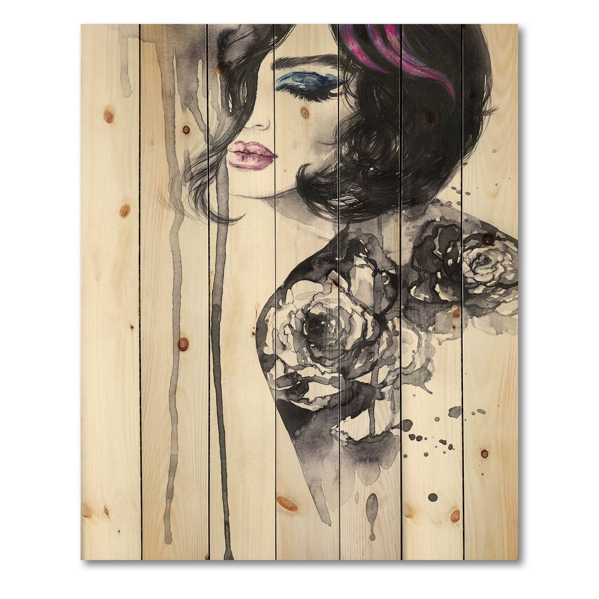 Designart - Painting Female Portrait - Modern Print on Natural Pine Wood