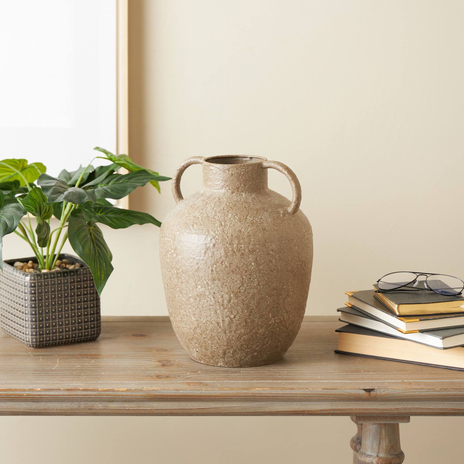 12&#x22; Brown Antique Inspired Metal Vase with Handles