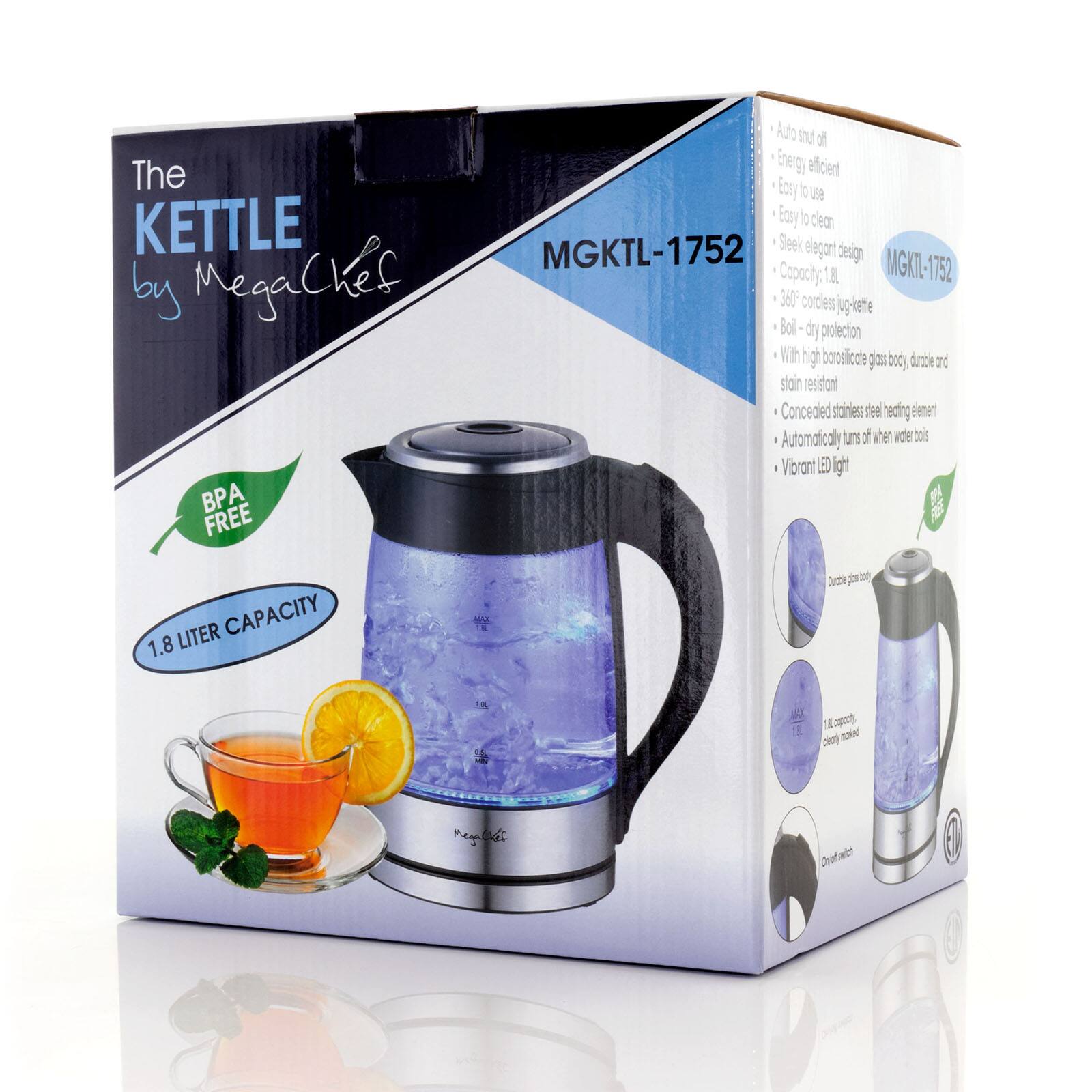 MegaChef 1.8L Glass Body & Stainless Steel Electric Tea Kettle