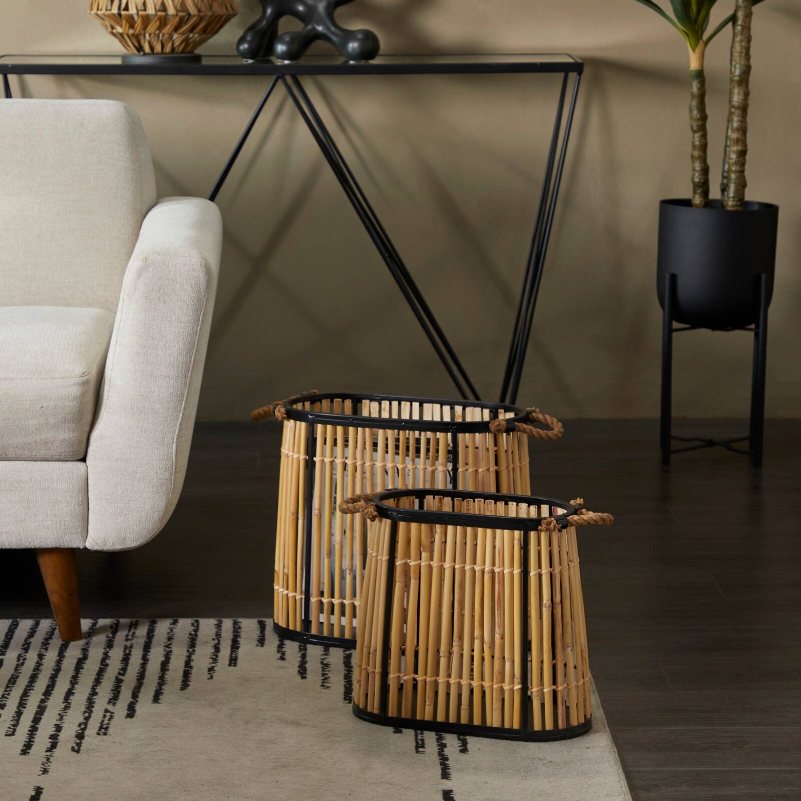 The Novogratz Brown Wicker Handmade Slatted Frame Storage Basket with Handles Set of 2 19&#x22;, 14&#x22;