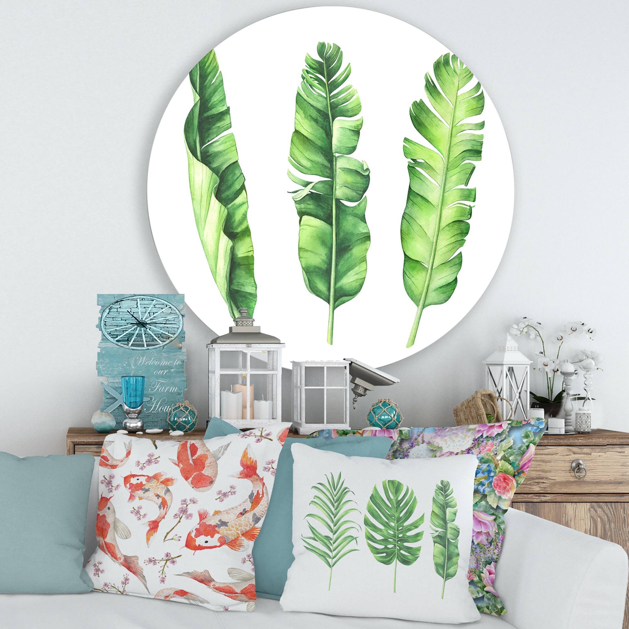 Designart - Tropical Banana Leaves Set - Farmhouse Metal Circle Wall Art