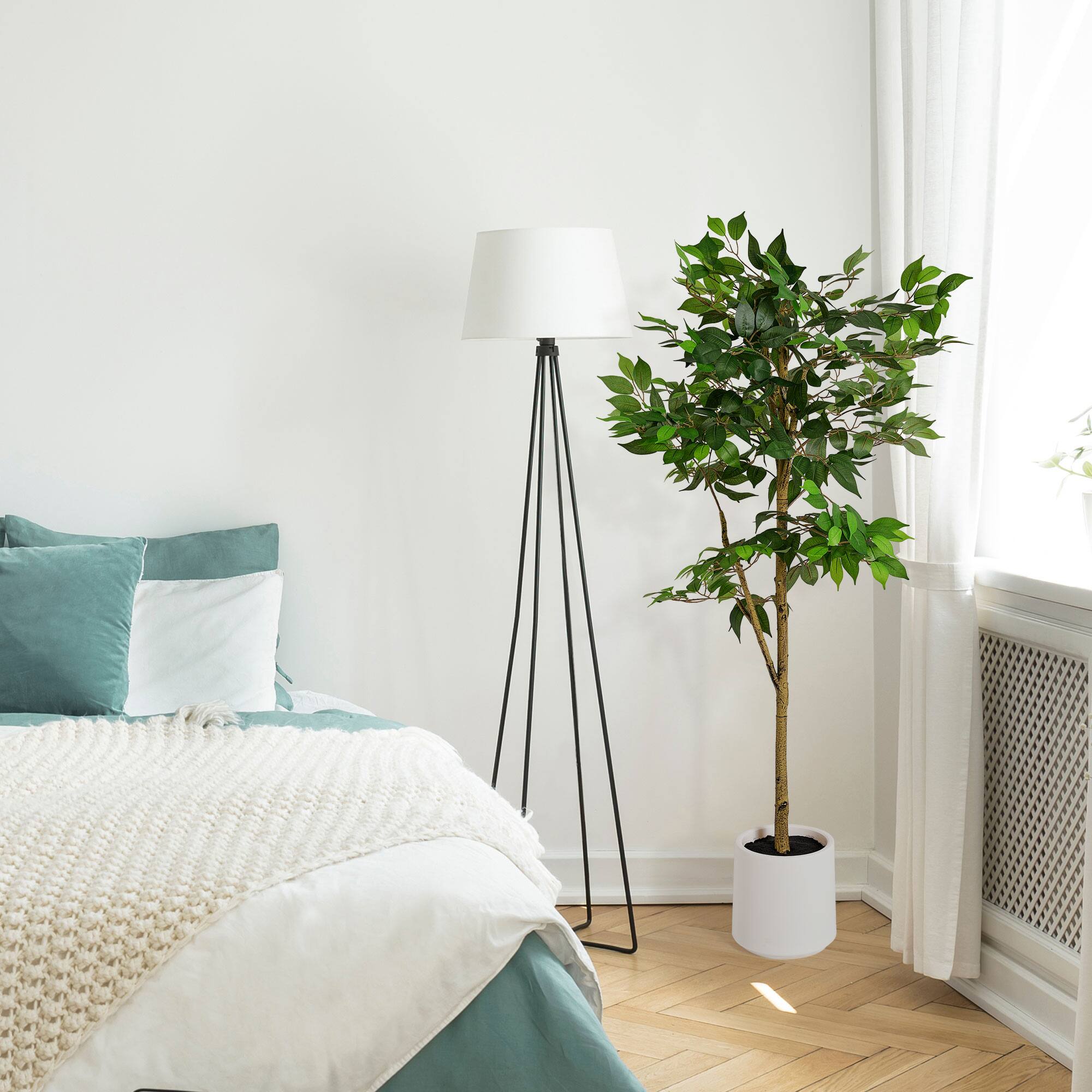 American Art Decor 5ft. Realistic Artificial Ficus Tree Faux Plant in White Pot