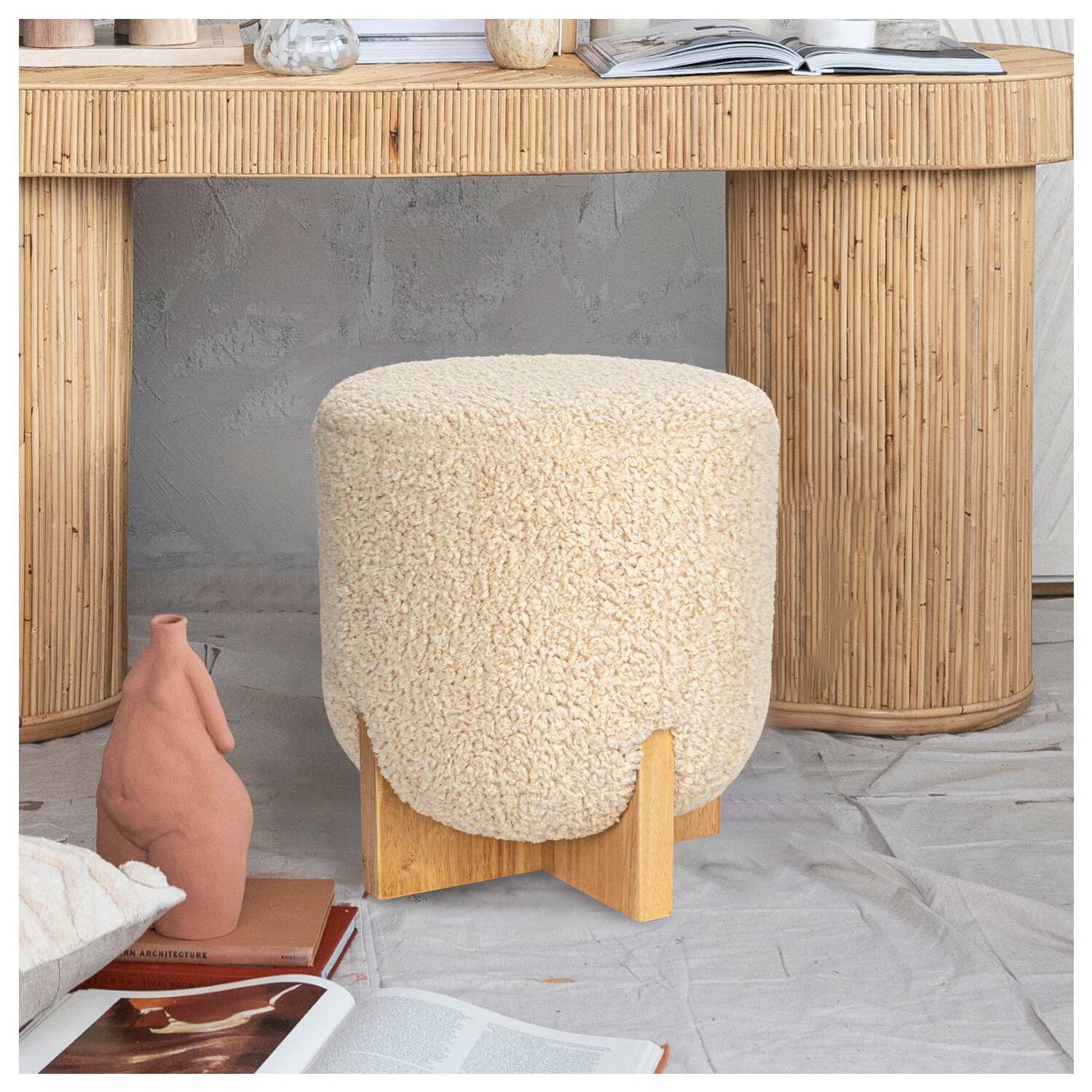 Hello Honey&#xAE; White Boucl&#xE9; Fabric Upholstered Ottoman