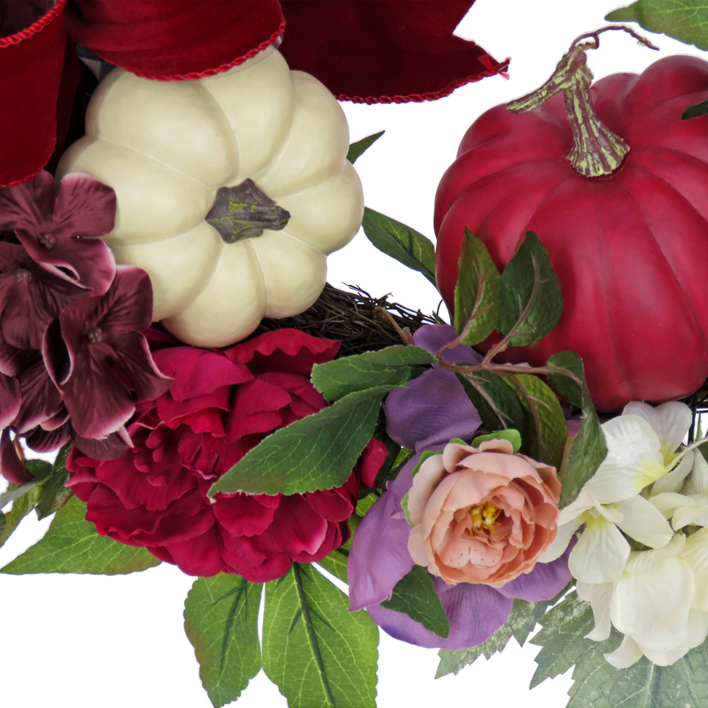 22" Harvest Wreath Decoration with Peony, Pumpkin and Bow