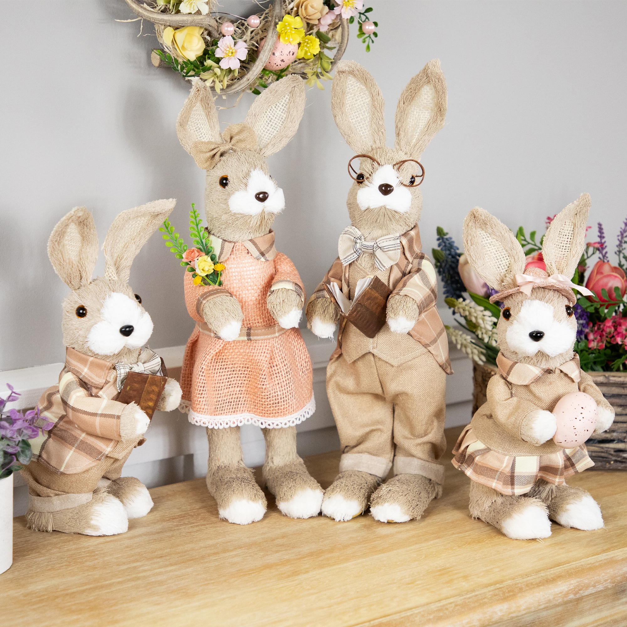15.25" Beige Rustic Girl Rabbit Easter Figure with Flowers