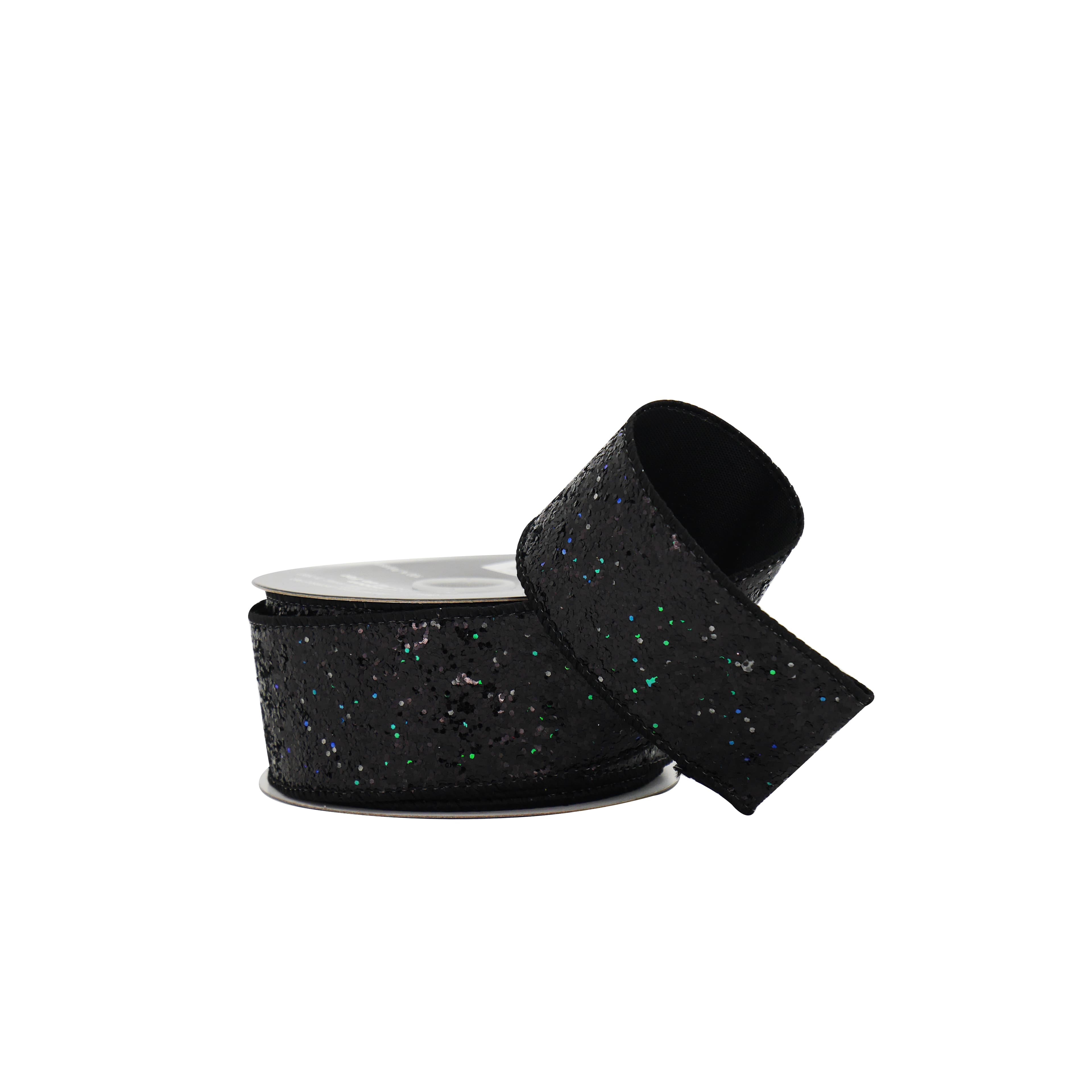 1.5&#x22; x 10yd. Black Glitter Wired Taffeta Ribbon by Celebrate It&#xAE; Halloween