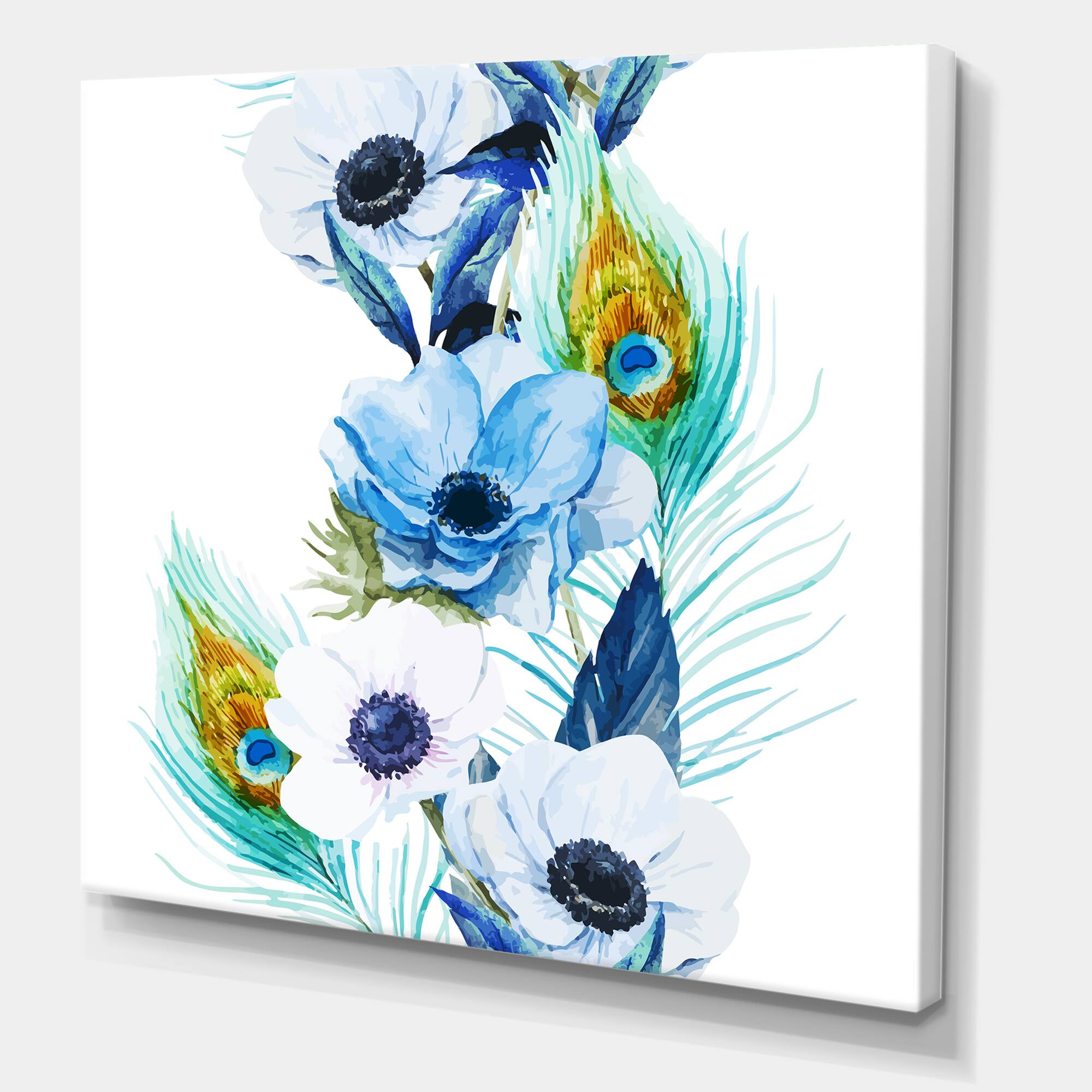 Designart - Handpainted Anemones And Peacock Feathers - Floral Canvas Art