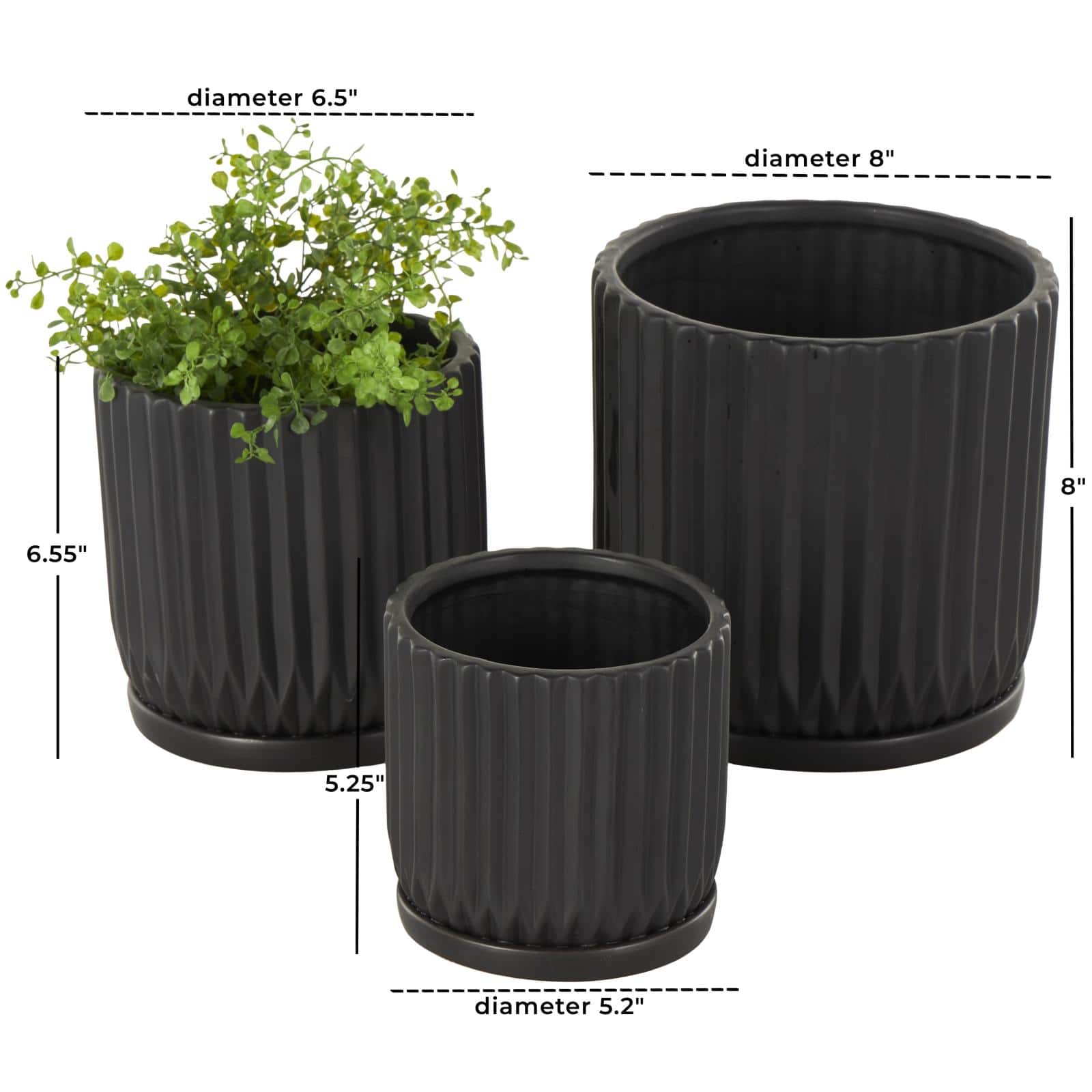 Black Ribbed Textured Ceramic Planter Set