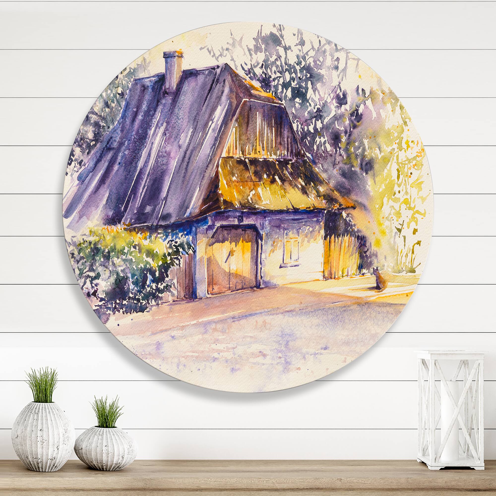 Designart - Old Wooden White House In Country Side Village - Traditional Metal Circle Wall Art