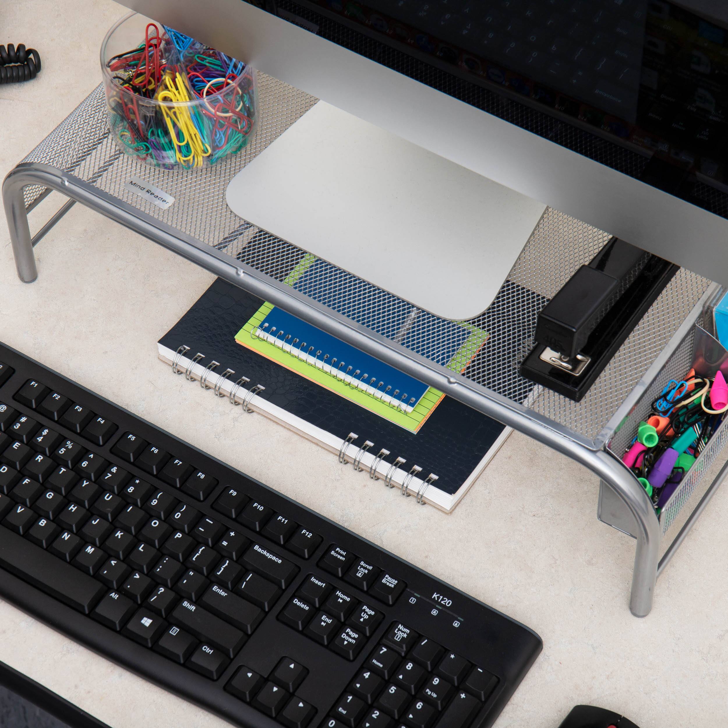 Mind Reader Silver Metal Mesh Monitor Stand with 2 Storage Compartments