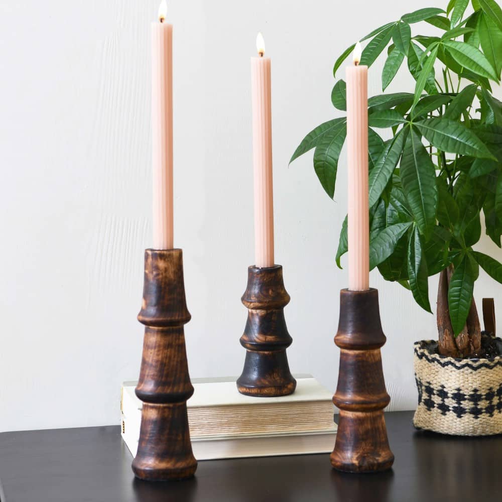 Hello Honey&#xAE; Wooden Waves Taper Candle Holder Set