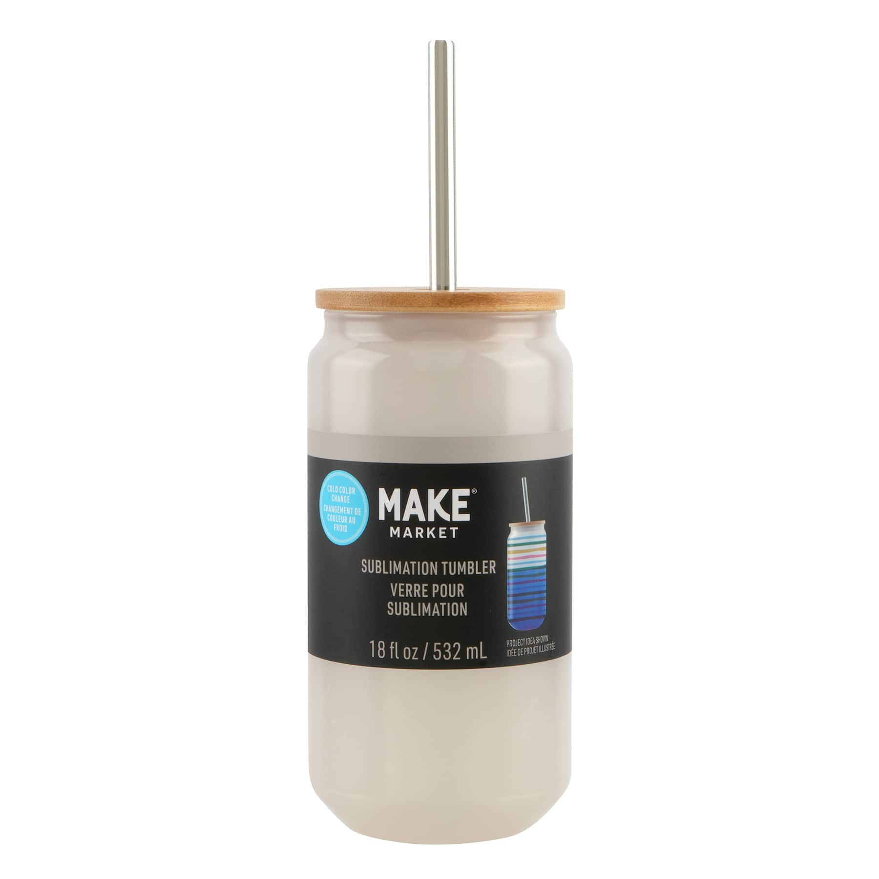 18oz. Blue Cold Color Change Glass Sublimation Tumbler with Bamboo Lid by Make Market&#xAE;