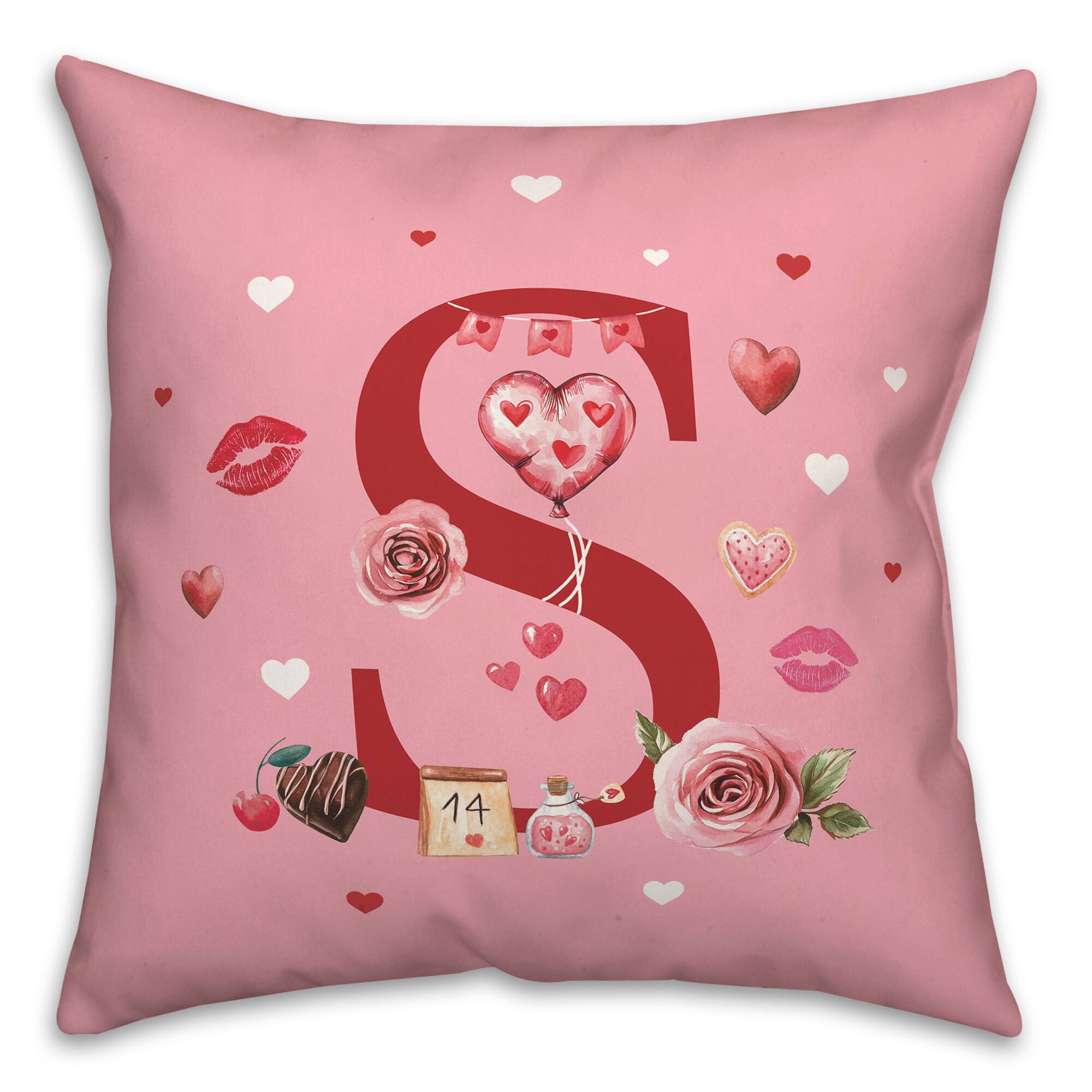 18" Valentines Day Icons S Monogram Accent Pillow