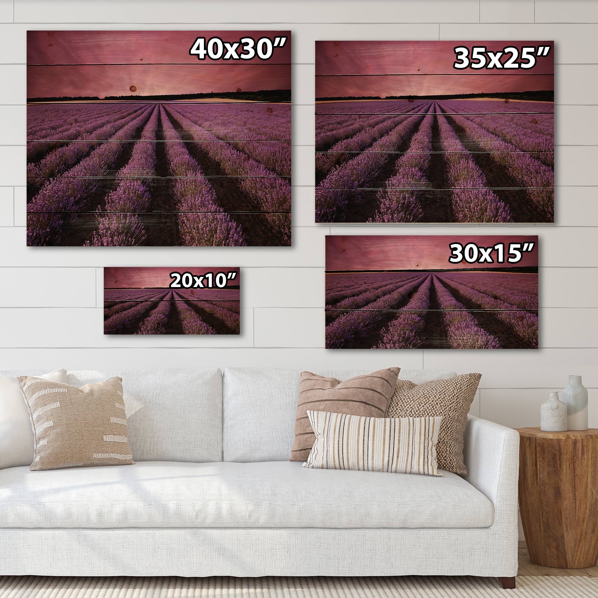 Designart - Sunrise &#x26; Dramatic Clouds Over Lavender Field XI - Farmhouse Print on Natural Pine Wood