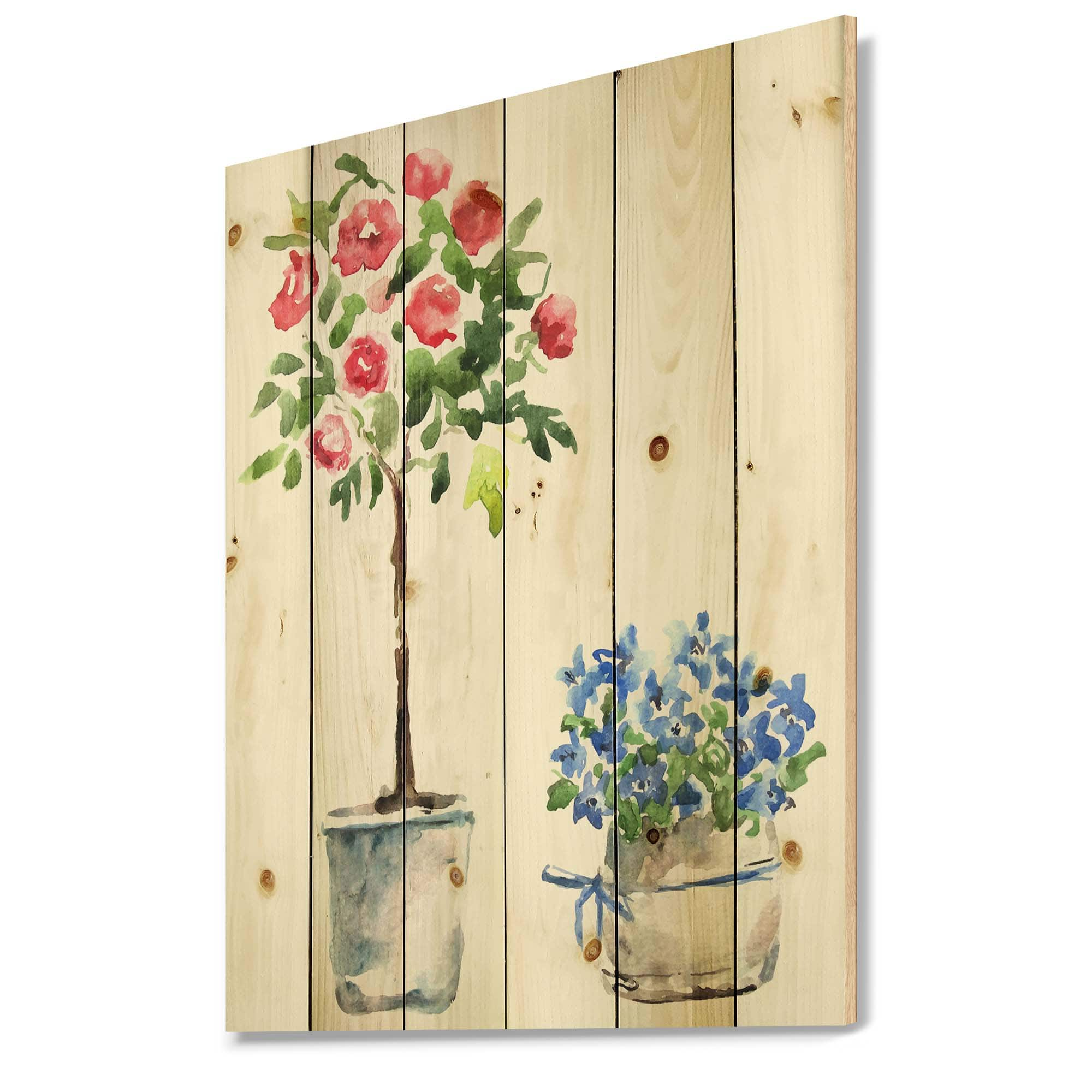 Designart - Blue and Red Houseplants - Traditional Print on Natural Pine Wood