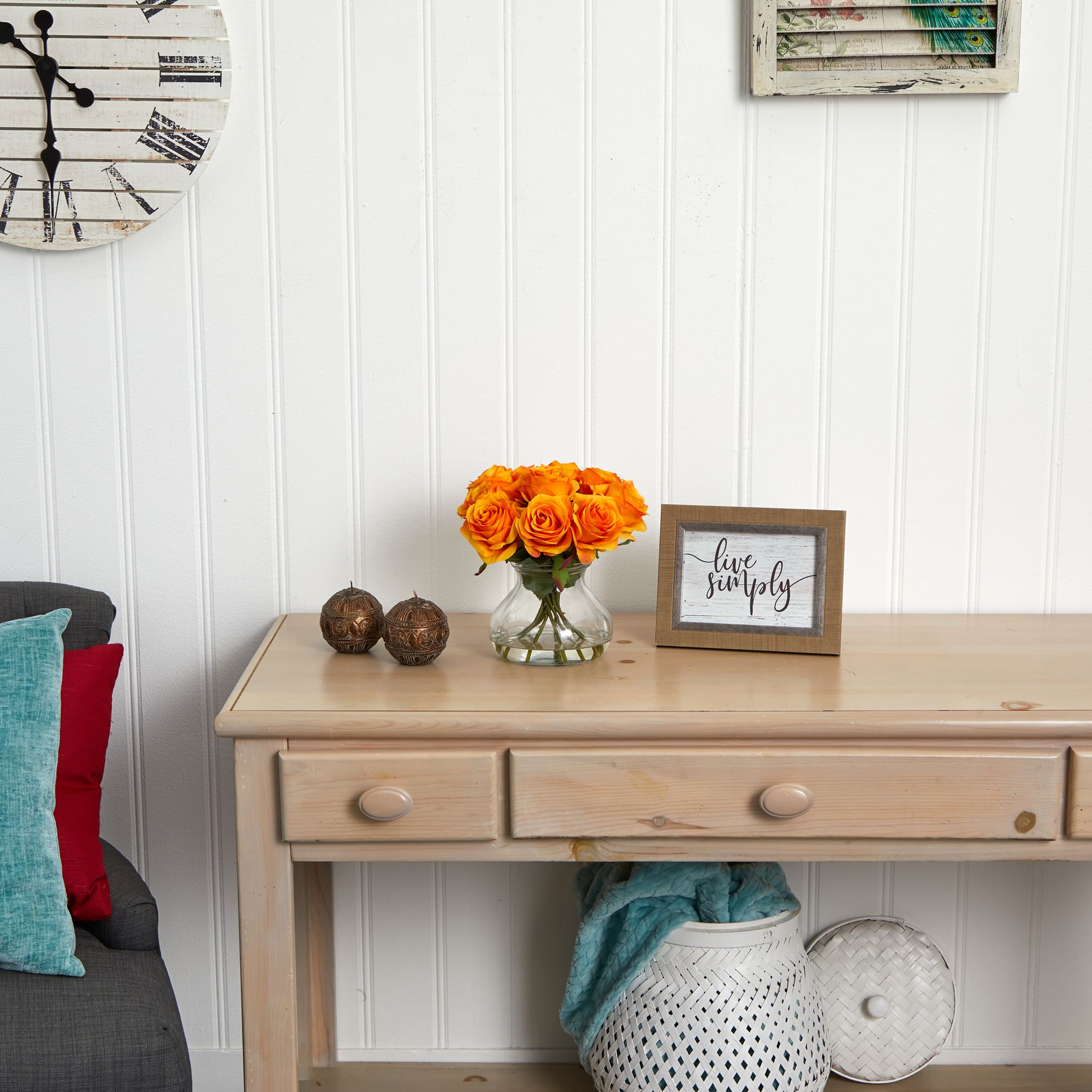 11" Orange Rose Arrangement with Clear Glass Vase