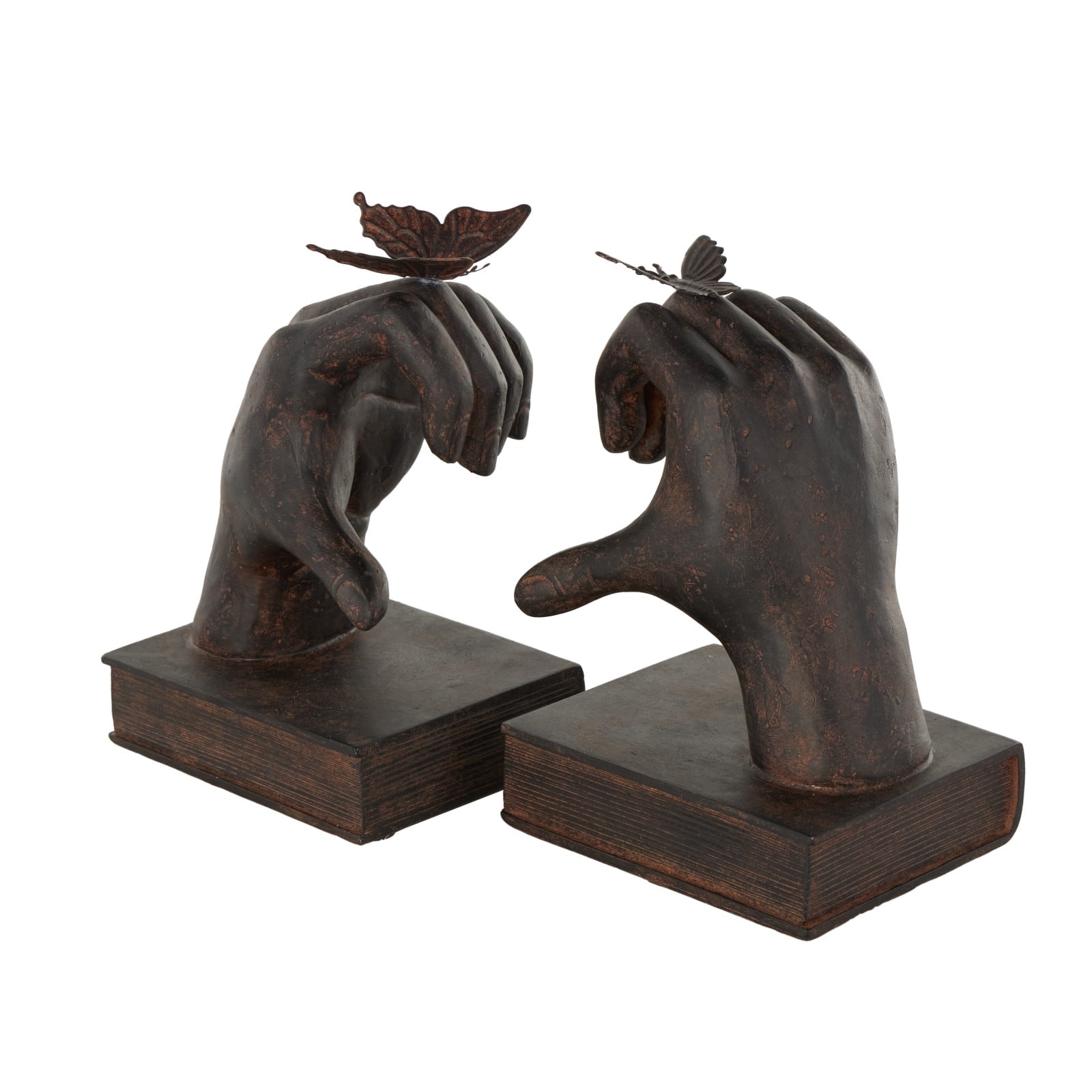 7.5&#x22; Dark Brown Hands Heart Inspired Decorative Bookend Set with Butterfly &#x26; Copper Accents