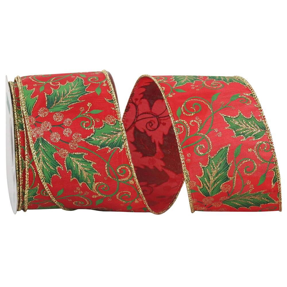 JAM Paper 2.5" x 10yd. Red & Green Holly Leaf Glitter Satin Wired Ribbon