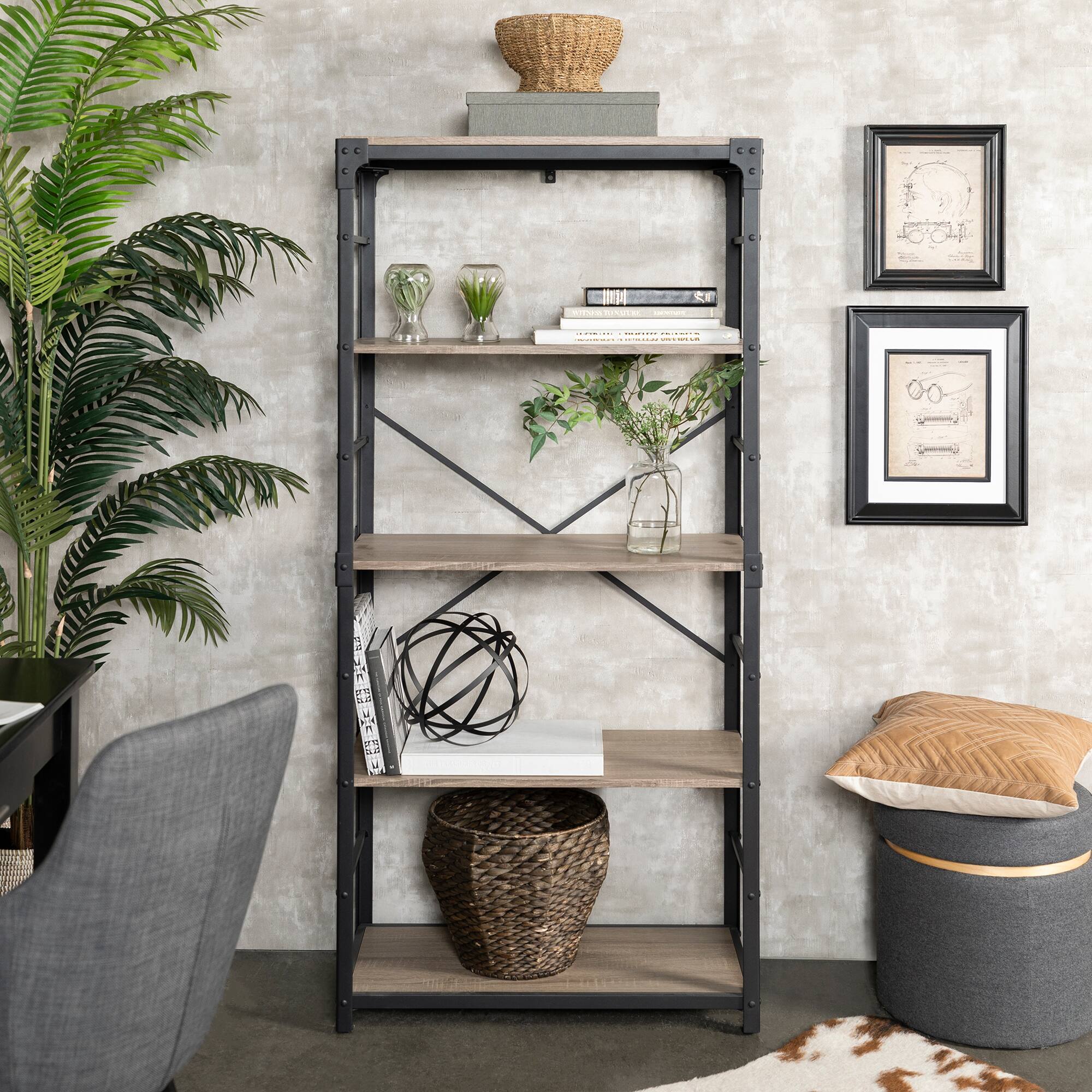 Walker Edison 64&#x22; Driftwood Angle Iron Industrial Bookcase