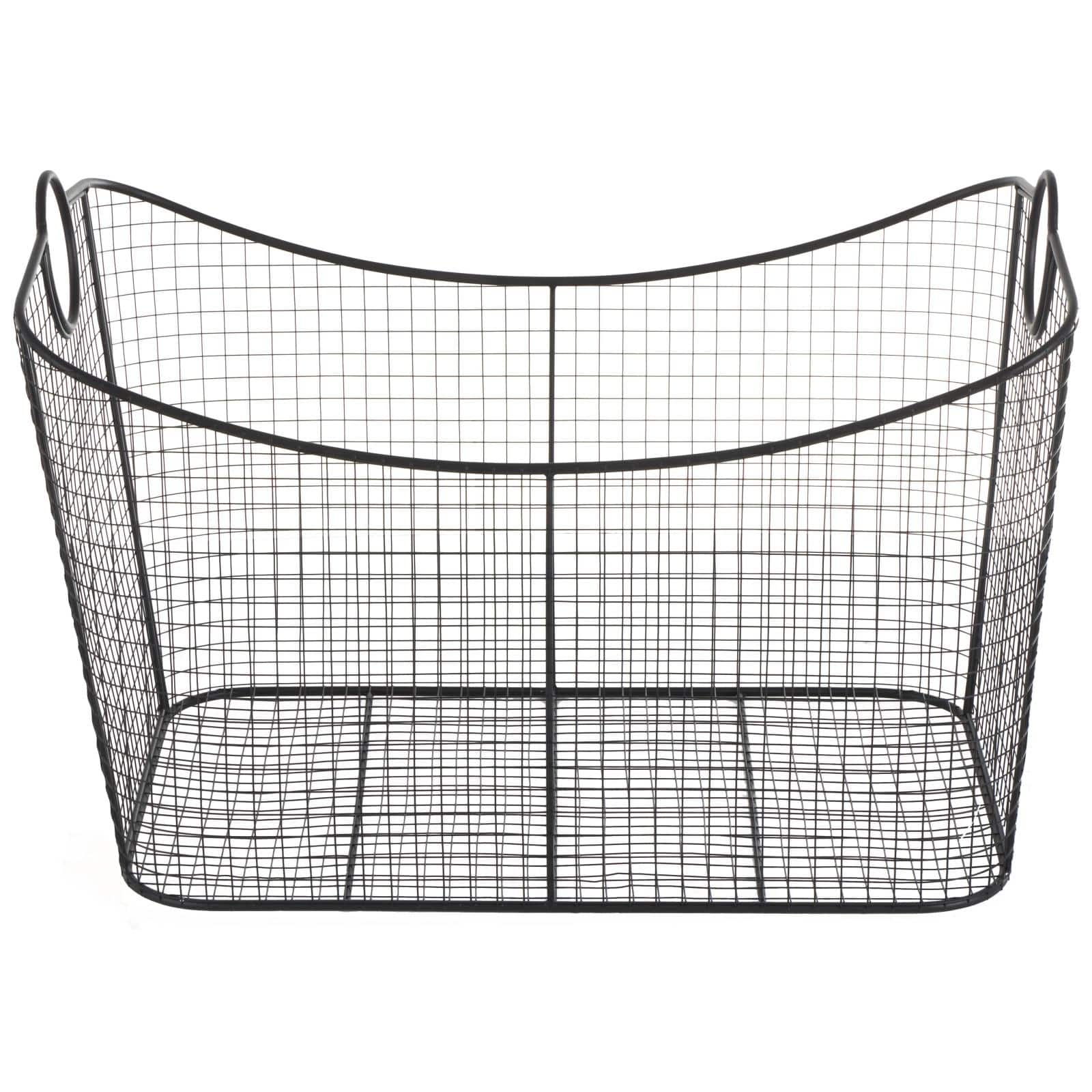 30.25" Black Metal Open Frame Wire Grid Storage Basket with Curved Sides & Ring Handles