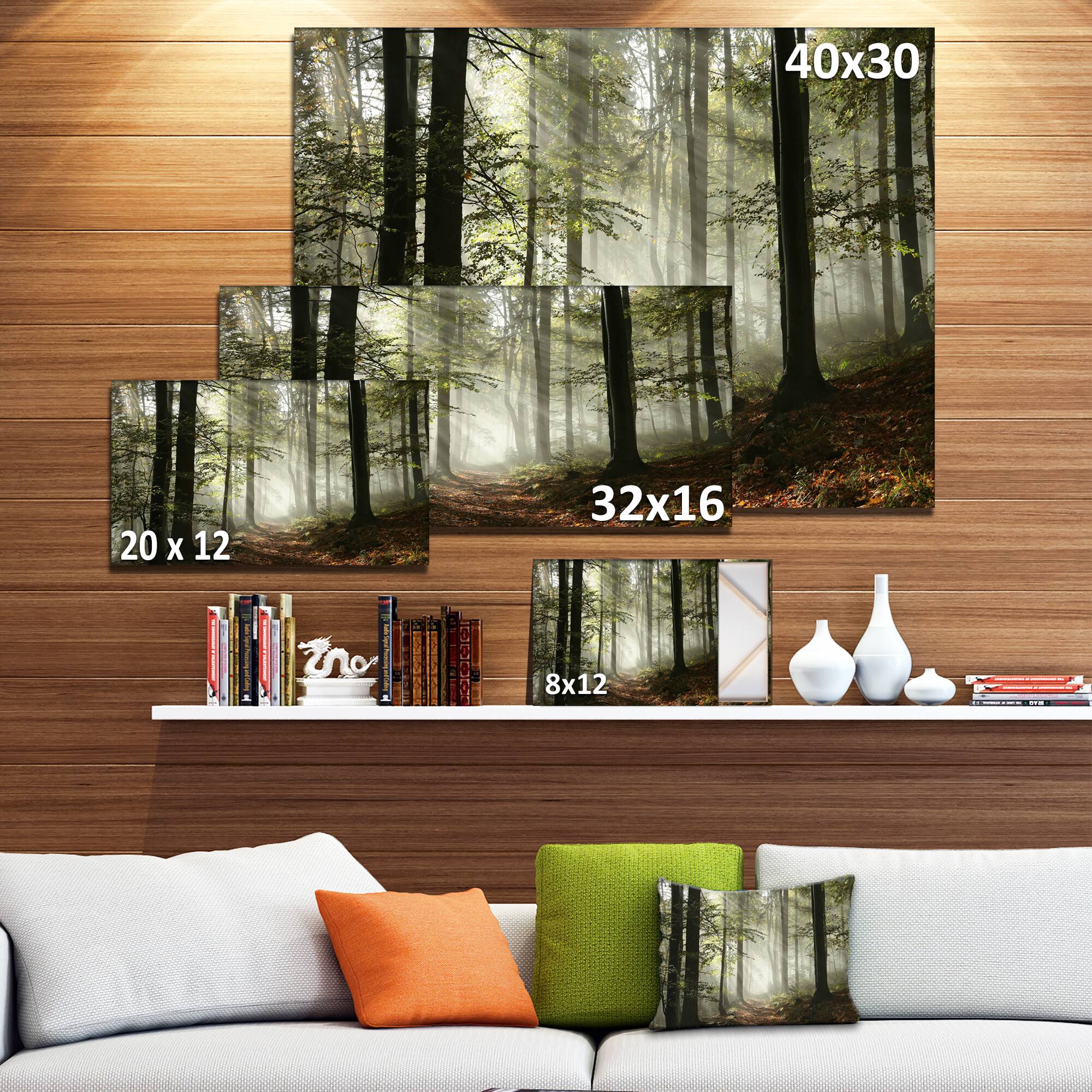 Designart - Light in Dense Fall Forest with Fog - Landscape Art Print Canvas