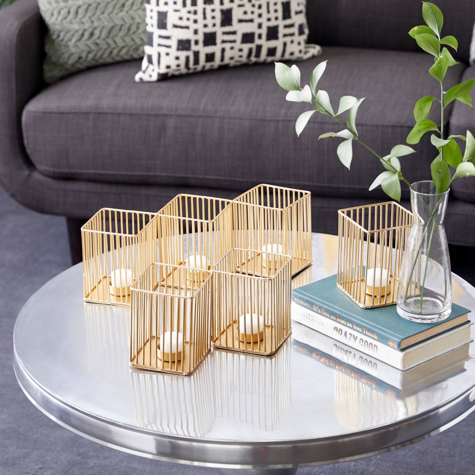 Set of 3 Gold Metal Modern Candle Holder, 4.25&#x22;, 11&#x22;, 16.25&#x22;