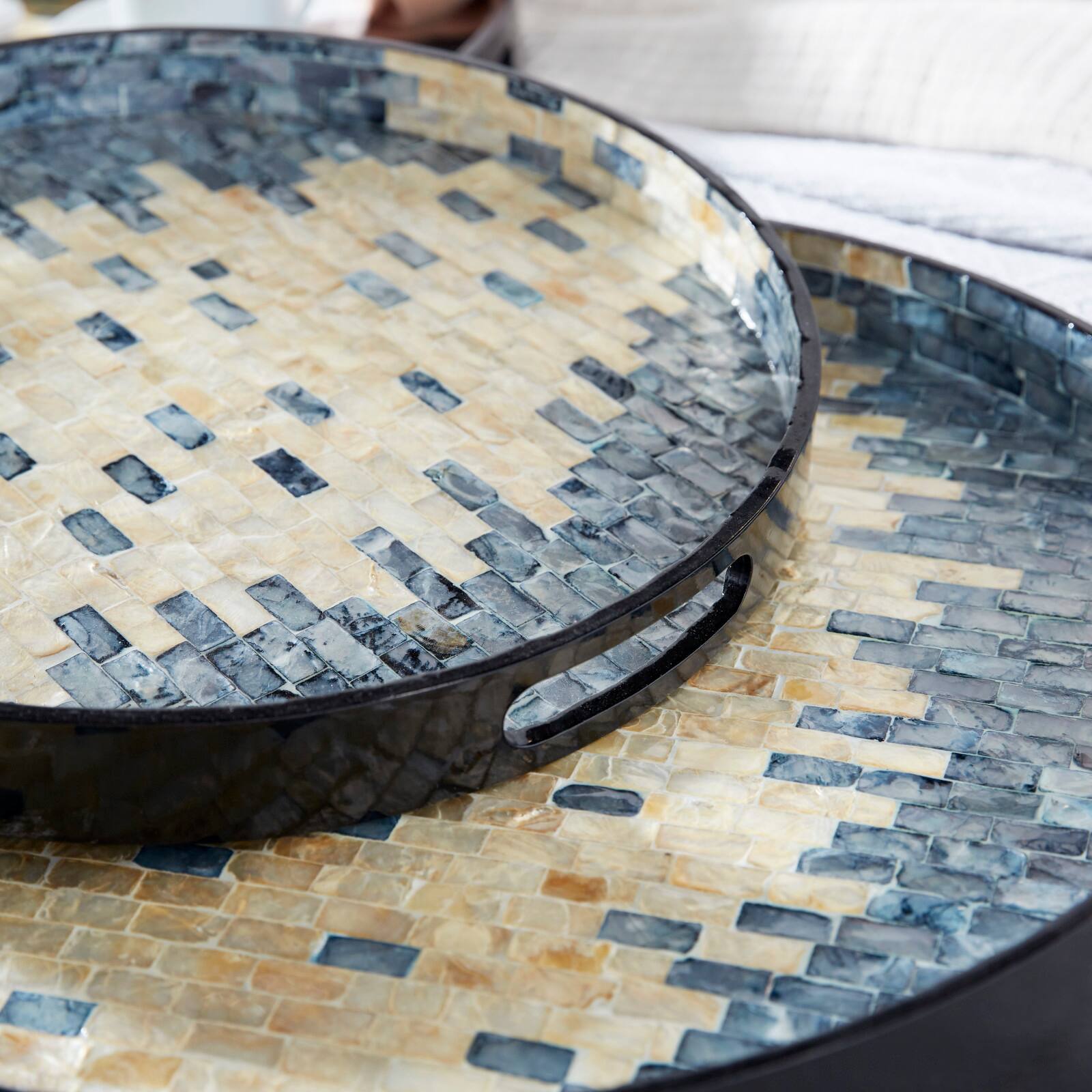 Set of 3" Black Mother of Pearl Coastal Tray, 24", 20", 16"