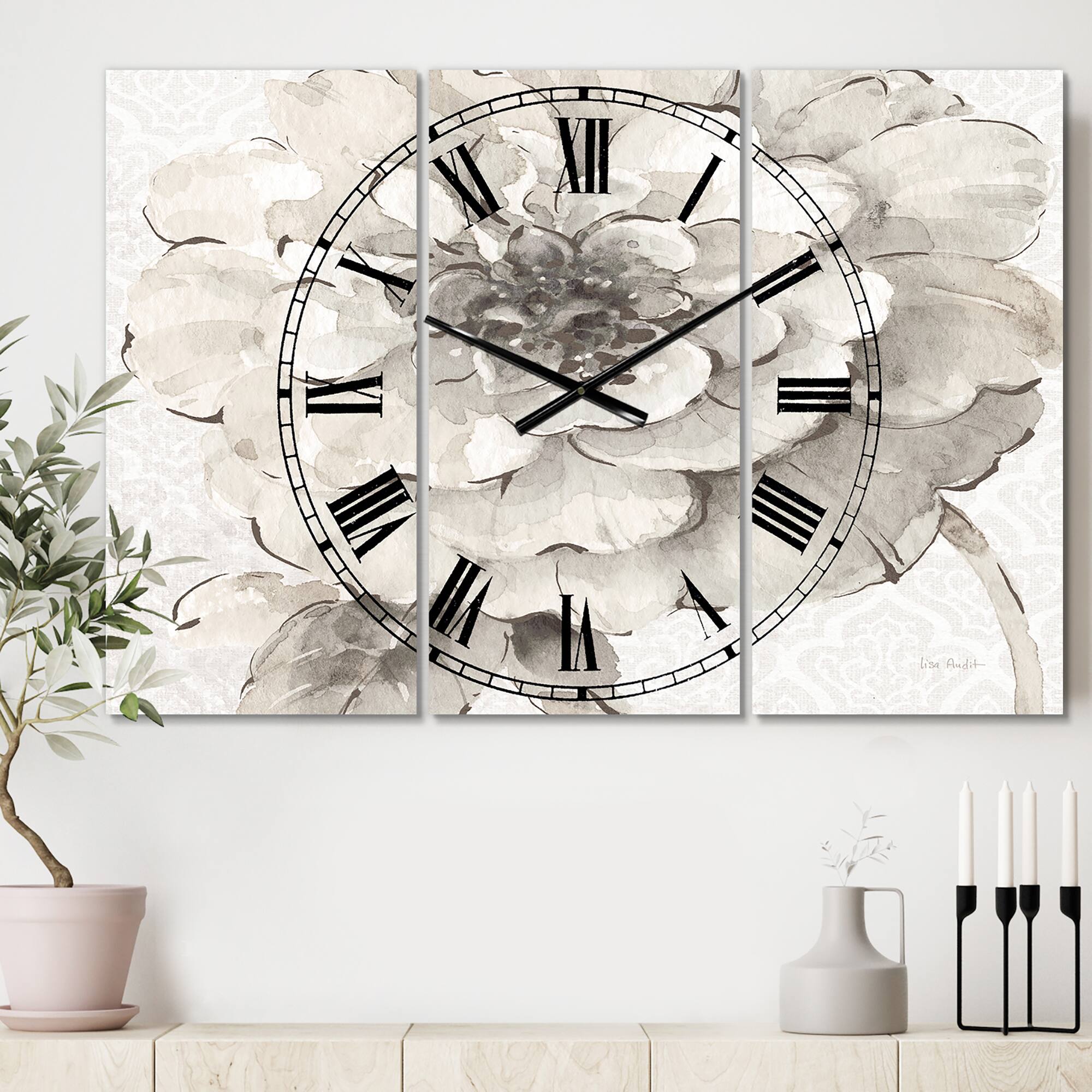 Designart Indigold Gray Peonies I Traditional 3 Panel Wall Clock