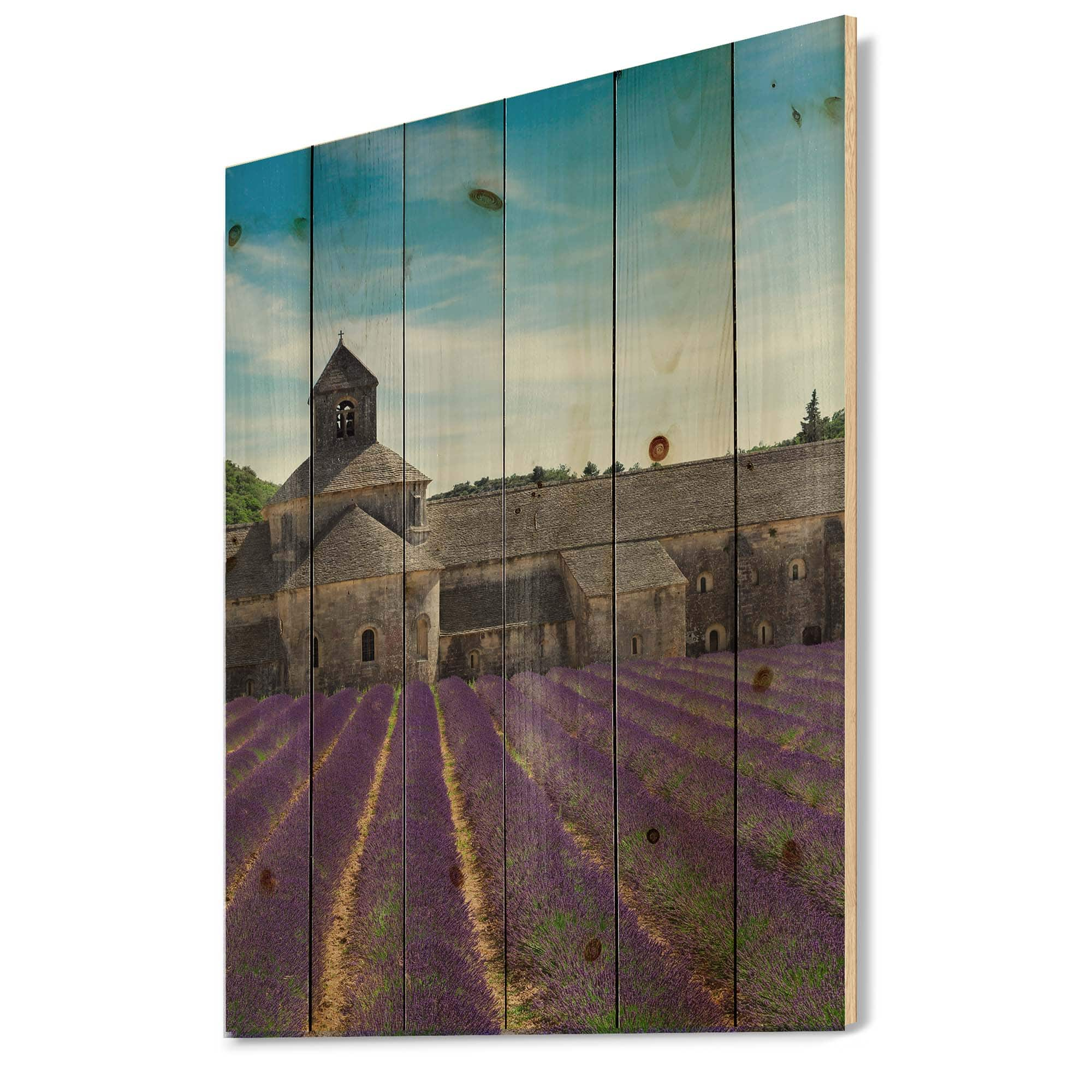 Designart - Lavender Field With Abbey In France - Farmhouse Print on Natural Pine Wood