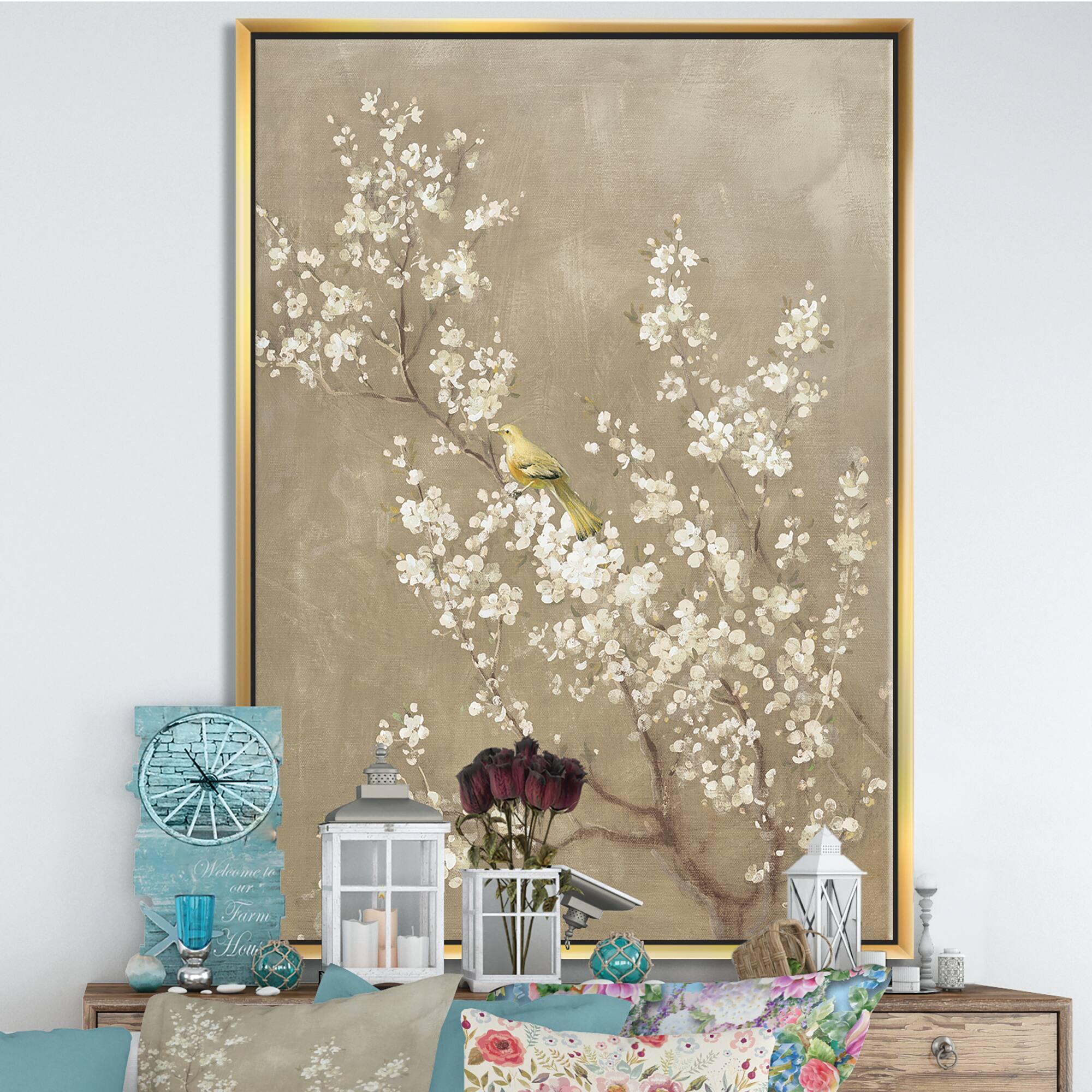 Designart - White Cherry Blossom III - Farmhouse Canvas in Gold Frame