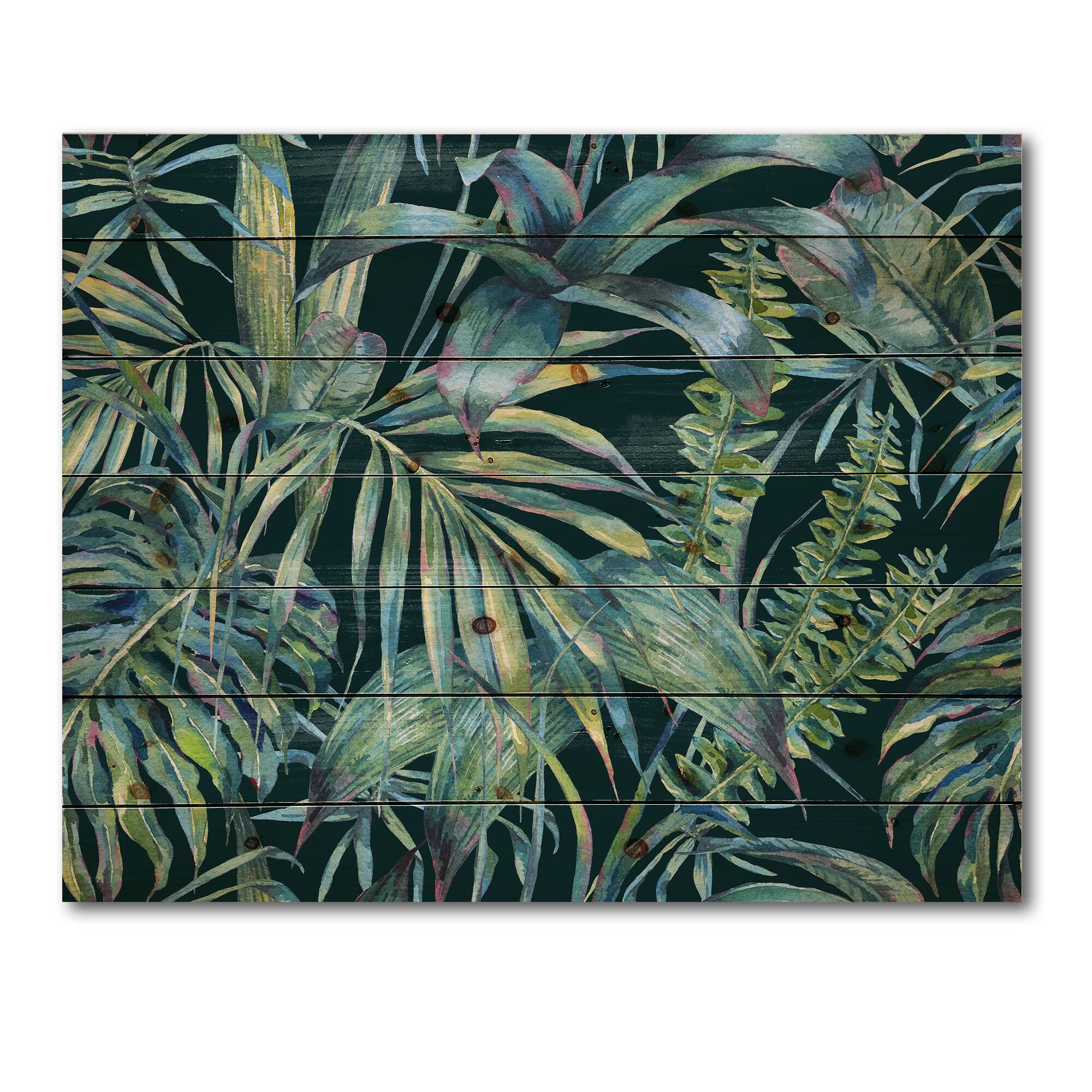 Designart - Natural Leaves Exotic On Dark I - Tropical Print on Natural Pine Wood