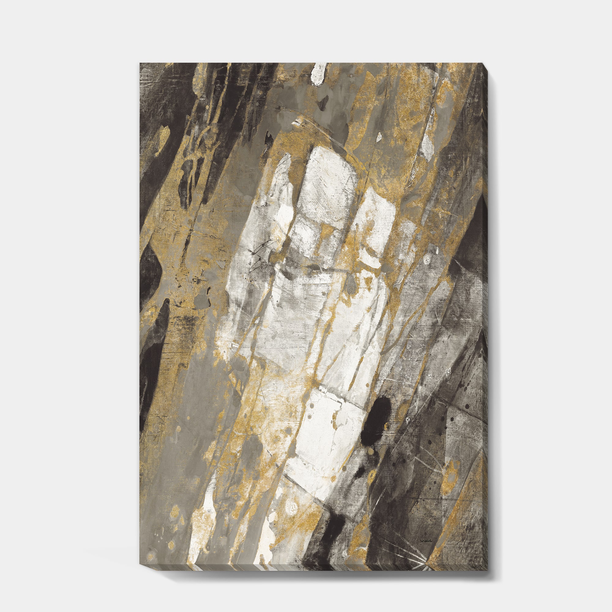 Designart - Gold, Black and White Hanpainted Abstract - Traditional Canvas Artwork