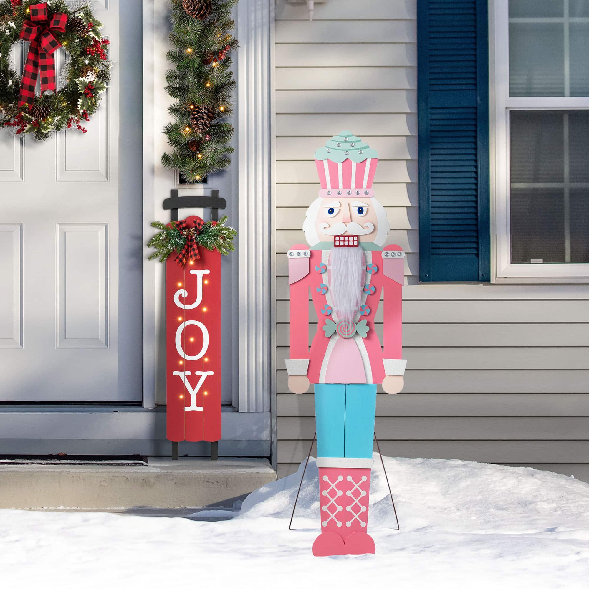 Glitzhome&#xAE; 60&#x22; Christmas Wooden Pink Nutcracker Porch Decor