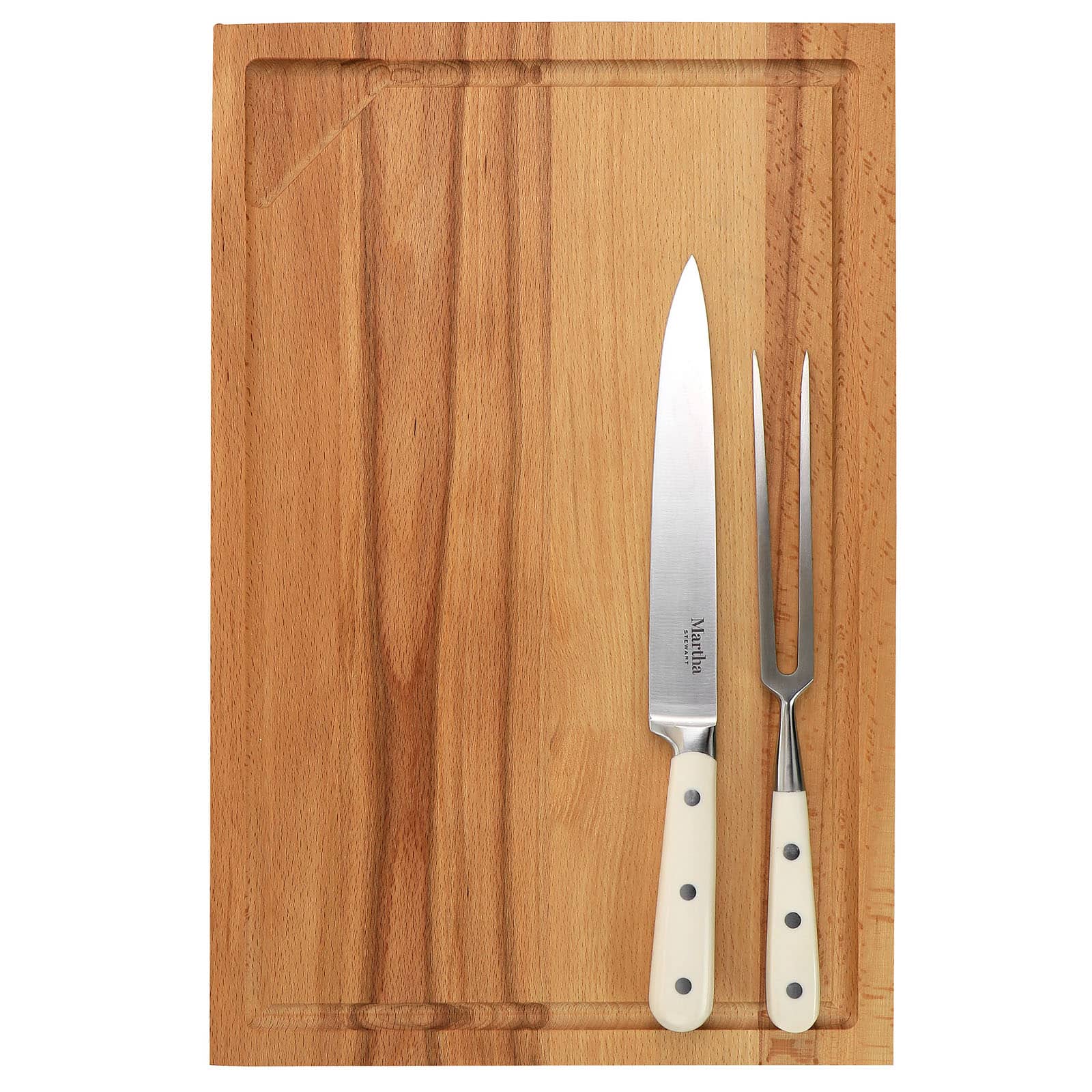 Martha Stewart Goswell 3-Piece Carving Board and Cutlery Set, Cream