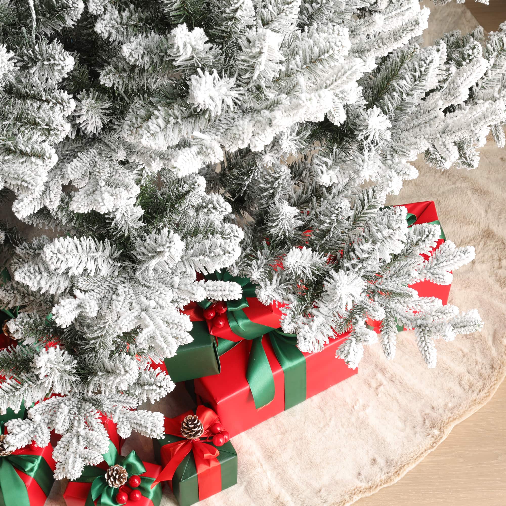 Glitzhome® 9ft Pre-Lit Flocked Upward Slim Fir Artificial Christmas Tree, Warm White LED Lights