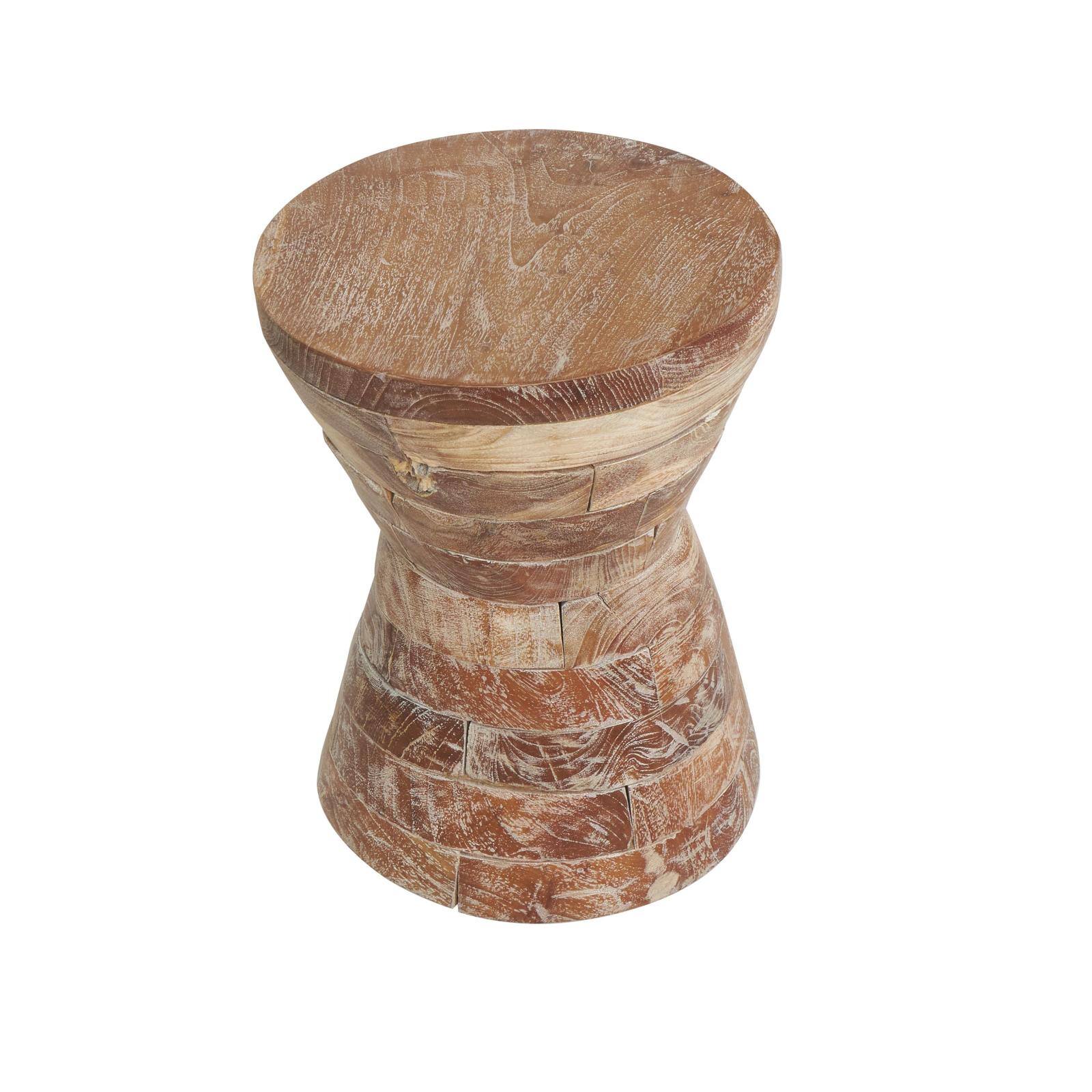 18.5" Brown Teak Wood Handmade Hourglass Accent Table with Stacked Wood Pieces