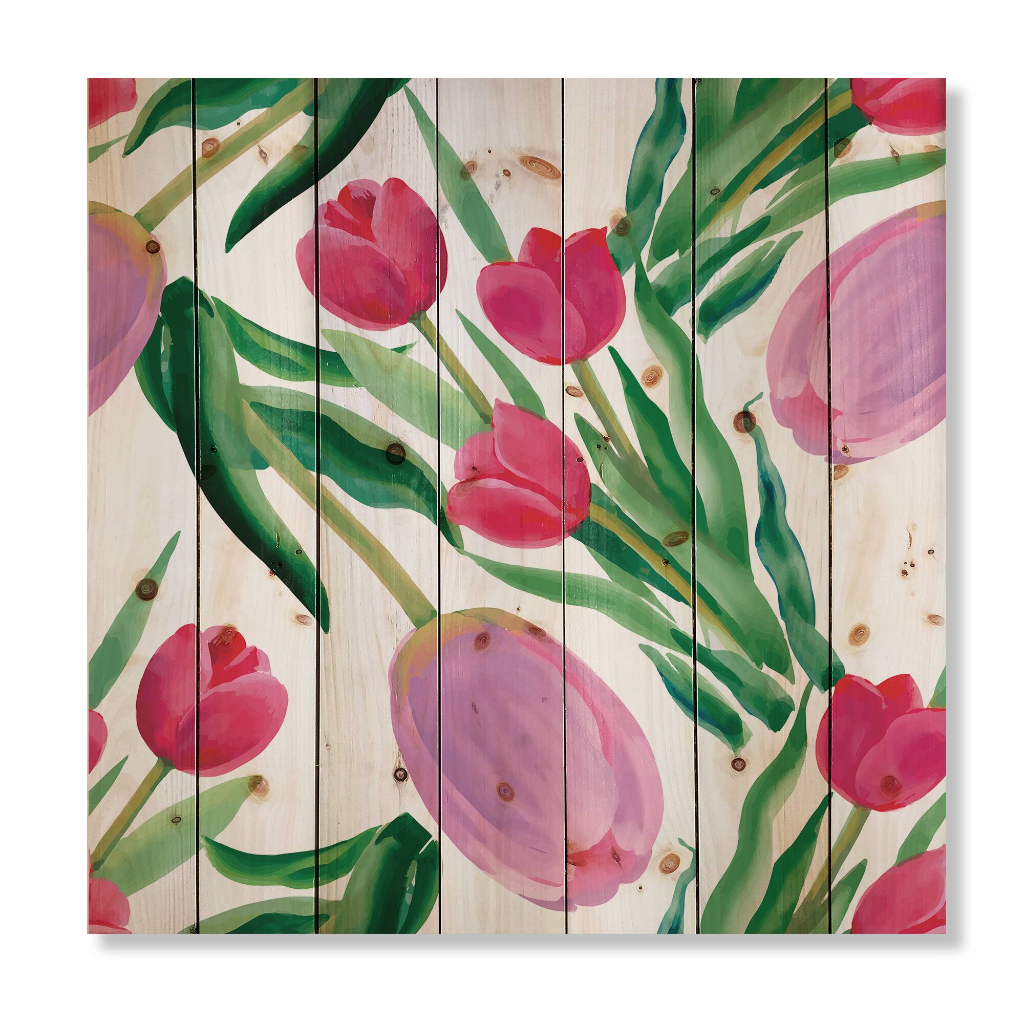 Designart - Blooming Beautiful Pink Tulips Flowers - Traditional Print on Natural Pine Wood